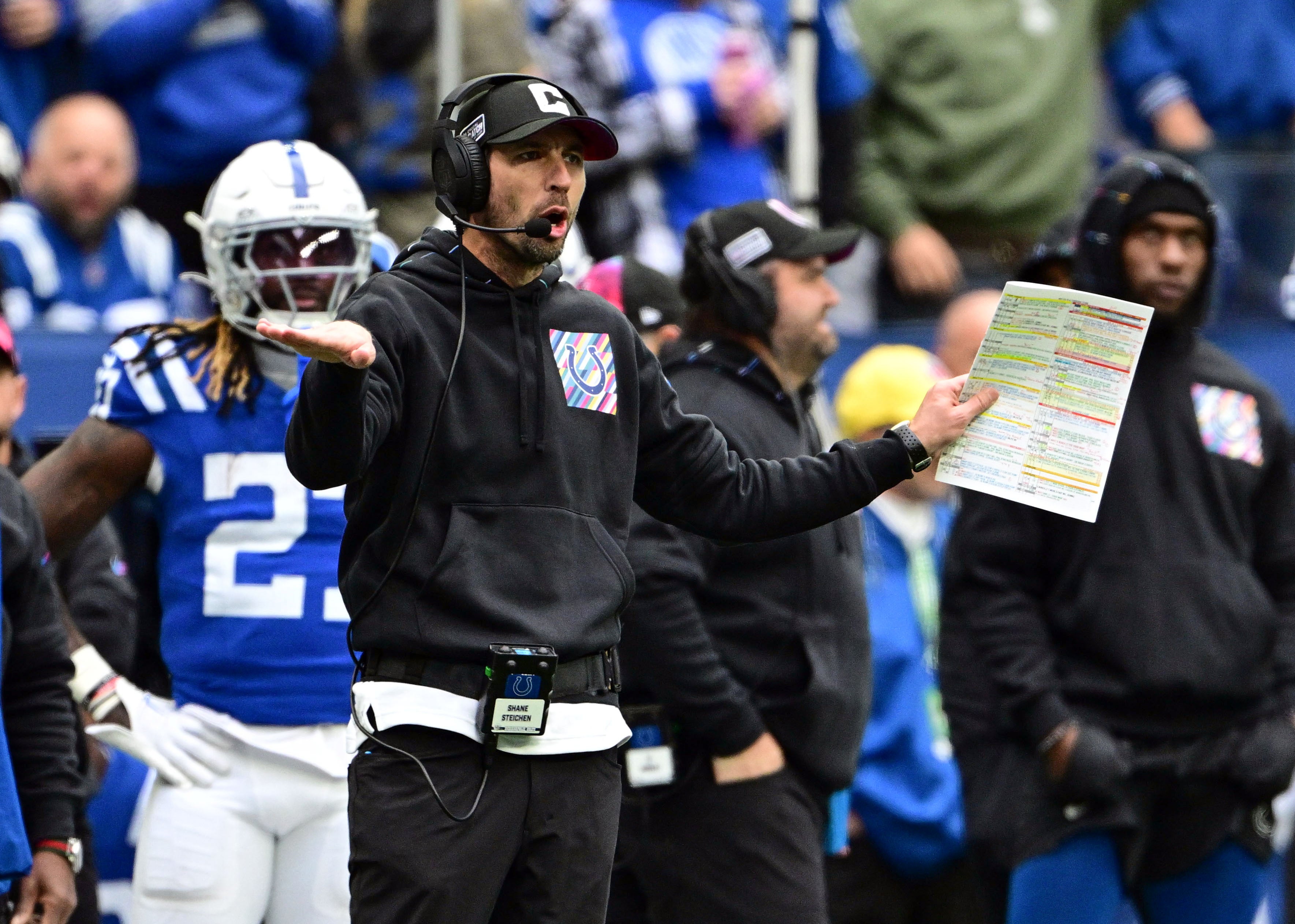 Oct 8, 2023; Indianapolis, Indiana, USA; Indianapolis Colts head coach Shane Steichen motions toward his team during the second half of the game against the Tennessee Titans at Lucas Oil Stadium.