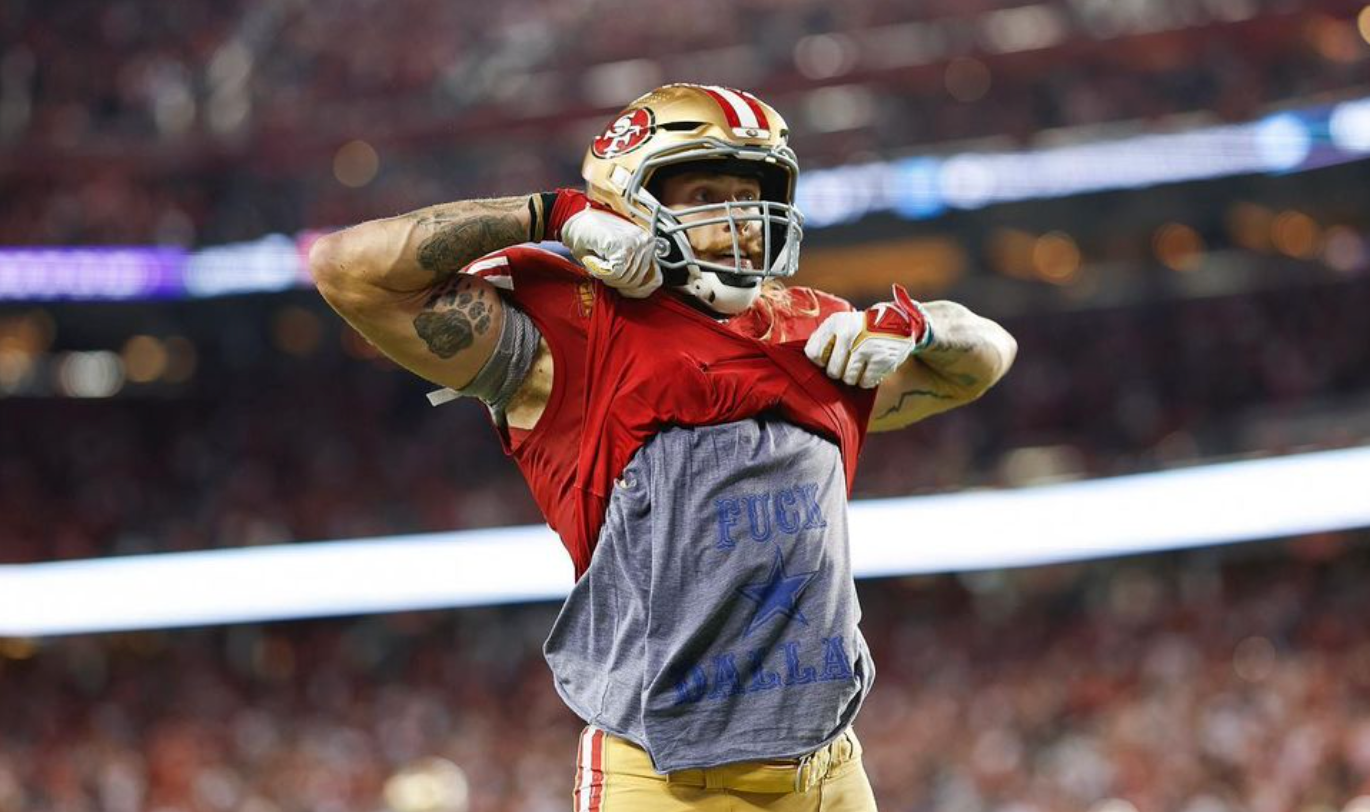 49ers tight end George Kittle celebrates during their 42-10 win over the Cowboys.