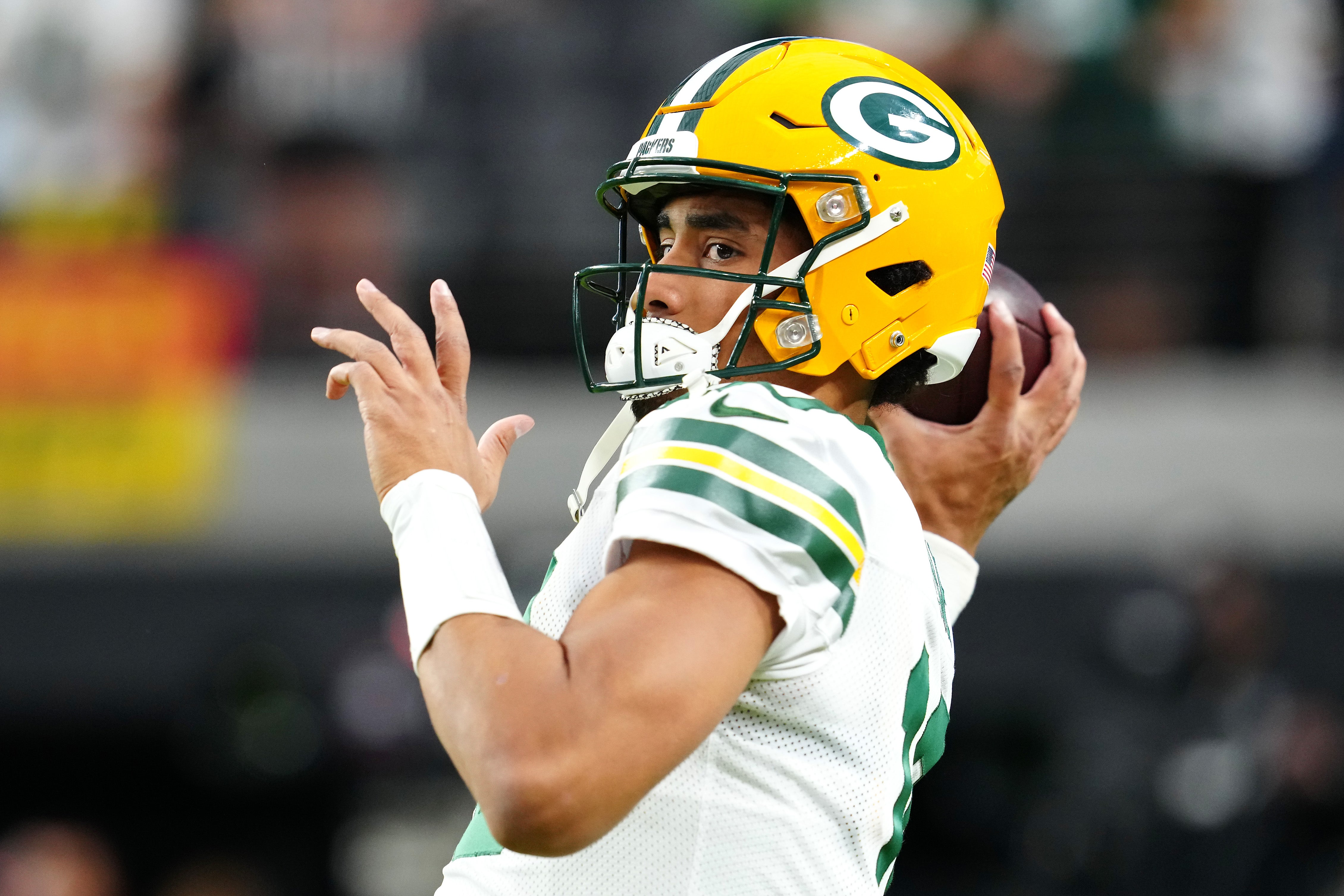 Oct 9, 2023; Paradise, Nevada, USA; Green Bay Packers quarterback Jordan Love (10) warms up before the start of a game against the Las Vegas Raiders at Allegiant Stadium.