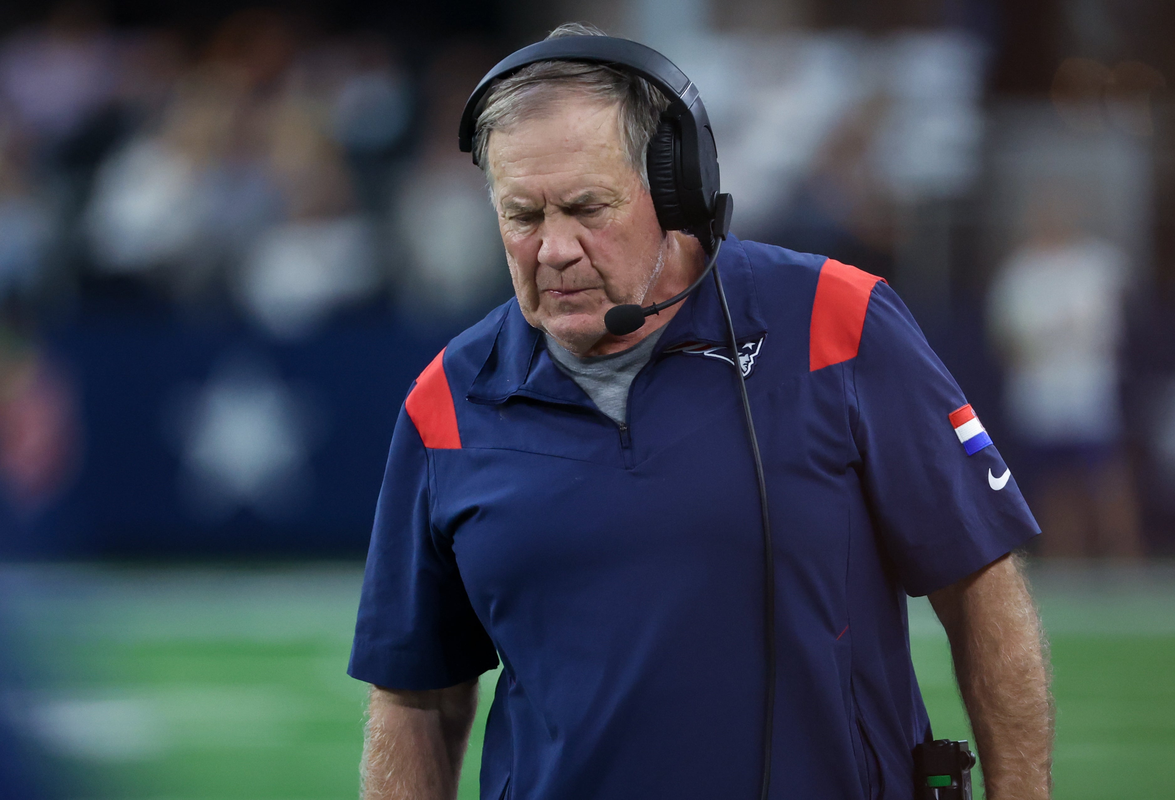 Oct 1, 2023; Arlington, Texas, USA; New England Patriots head coach Bill Belichick during the second half against the Dallas Cowboys at AT&T Stadium.