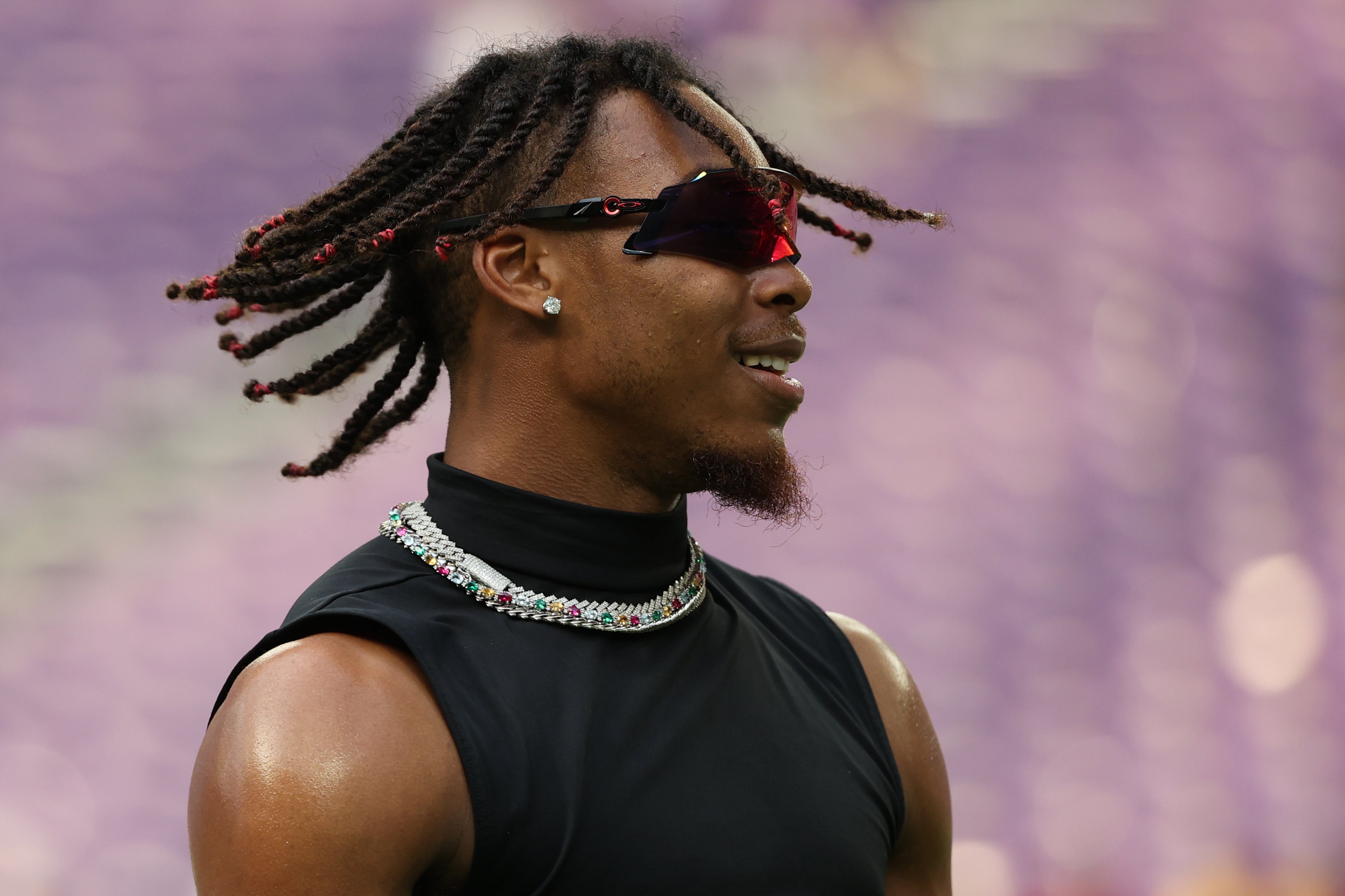 Aug 20, 2022; Minneapolis, Minnesota, USA; Minnesota Vikings wide receiver Justin Jefferson (18) looks on prior to the game against the San Francisco 49ers at U.S. Bank Stadium.