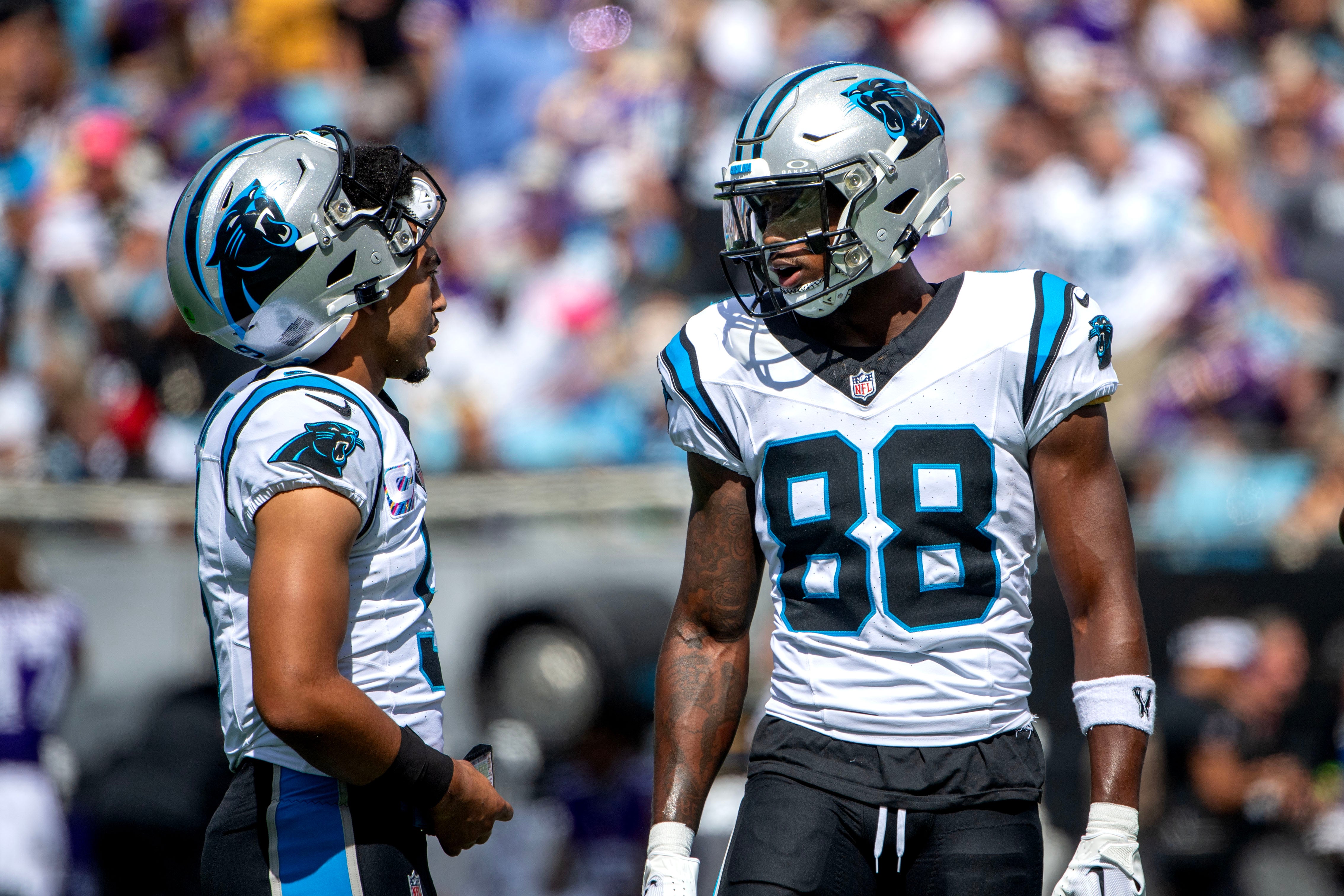 Oct 1, 2023; Charlotte, North Carolina, USA; Carolina Panthers quarterback Bryce Young (9) with wide receiver Terrace Marshall Jr. (88) in the second quarter at Bank of America Stadium. Mandatory Credit: Bob Donnan-USA TODAY Sports