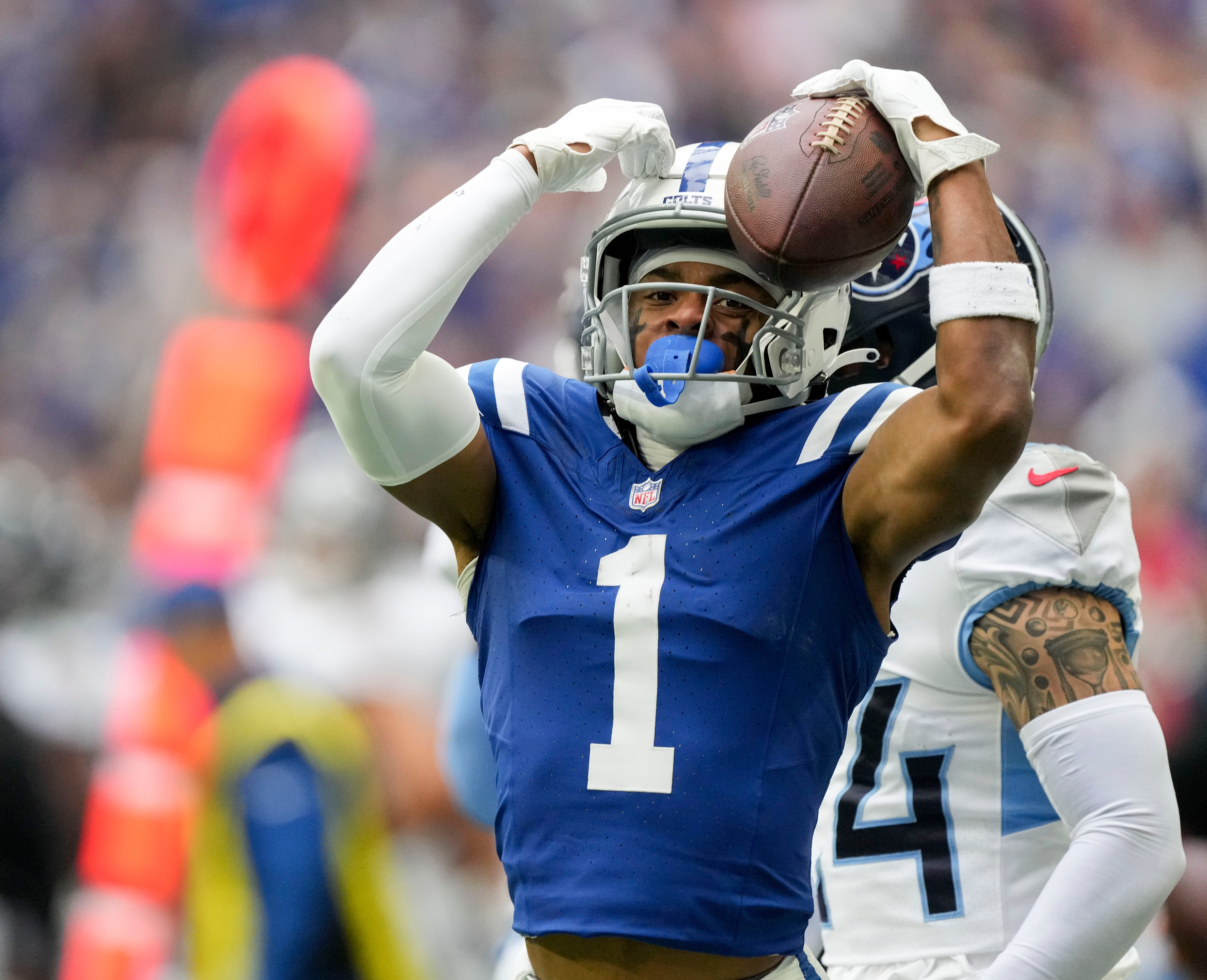Indianapolis Colts wide receiver Josh Downs (1) reacts after making a catch Sunday, Oct. 8, 2023, during a game against the Tennessee Titans at Lucas Oil Stadium in Indianapolis.