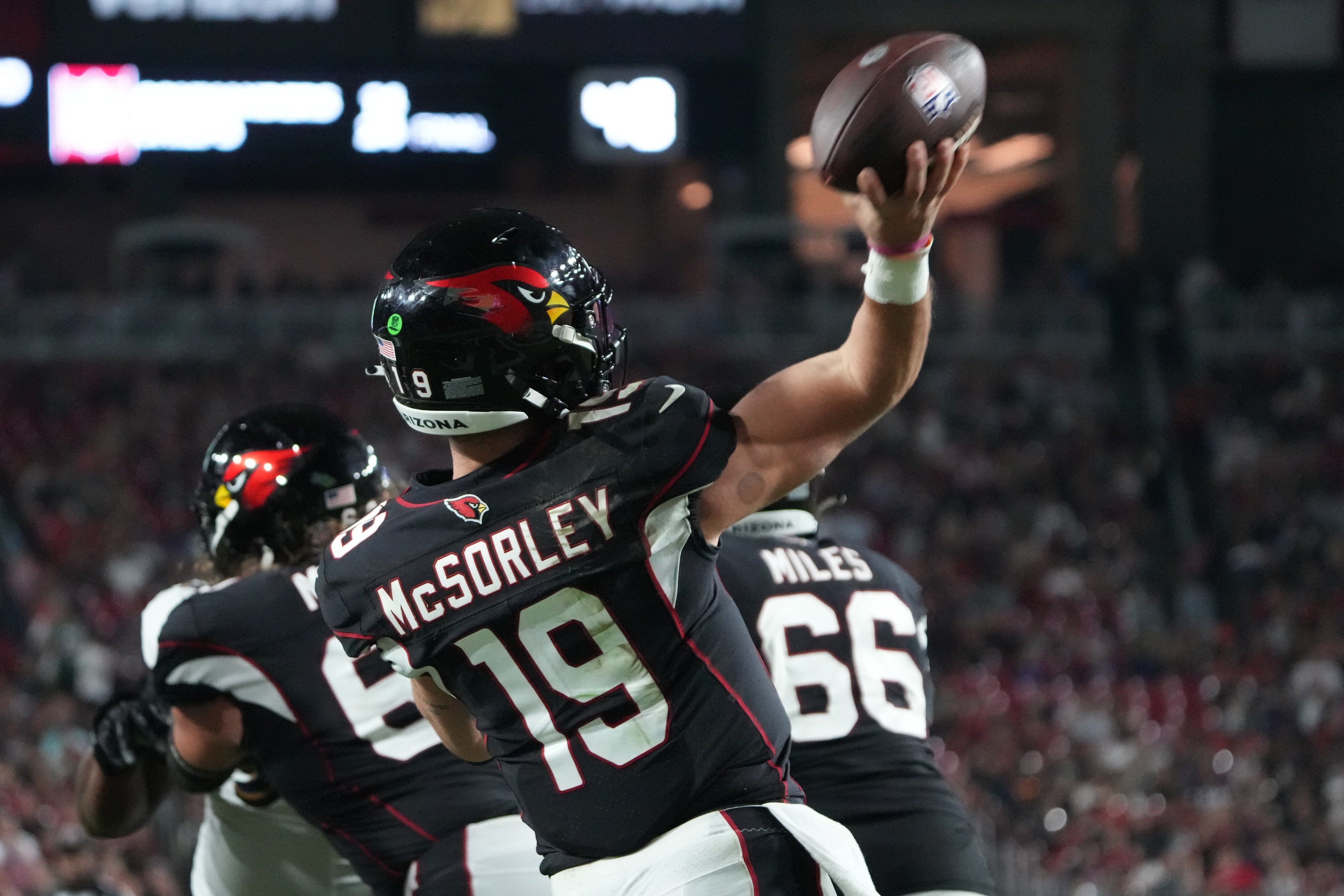 Aug 21, 2022; Glendale, Arizona, USA; Arizona Cardinals quarterback Trace McSorley (19) throws a pass against the Baltimore Ravens during the second half at State Farm Stadium.