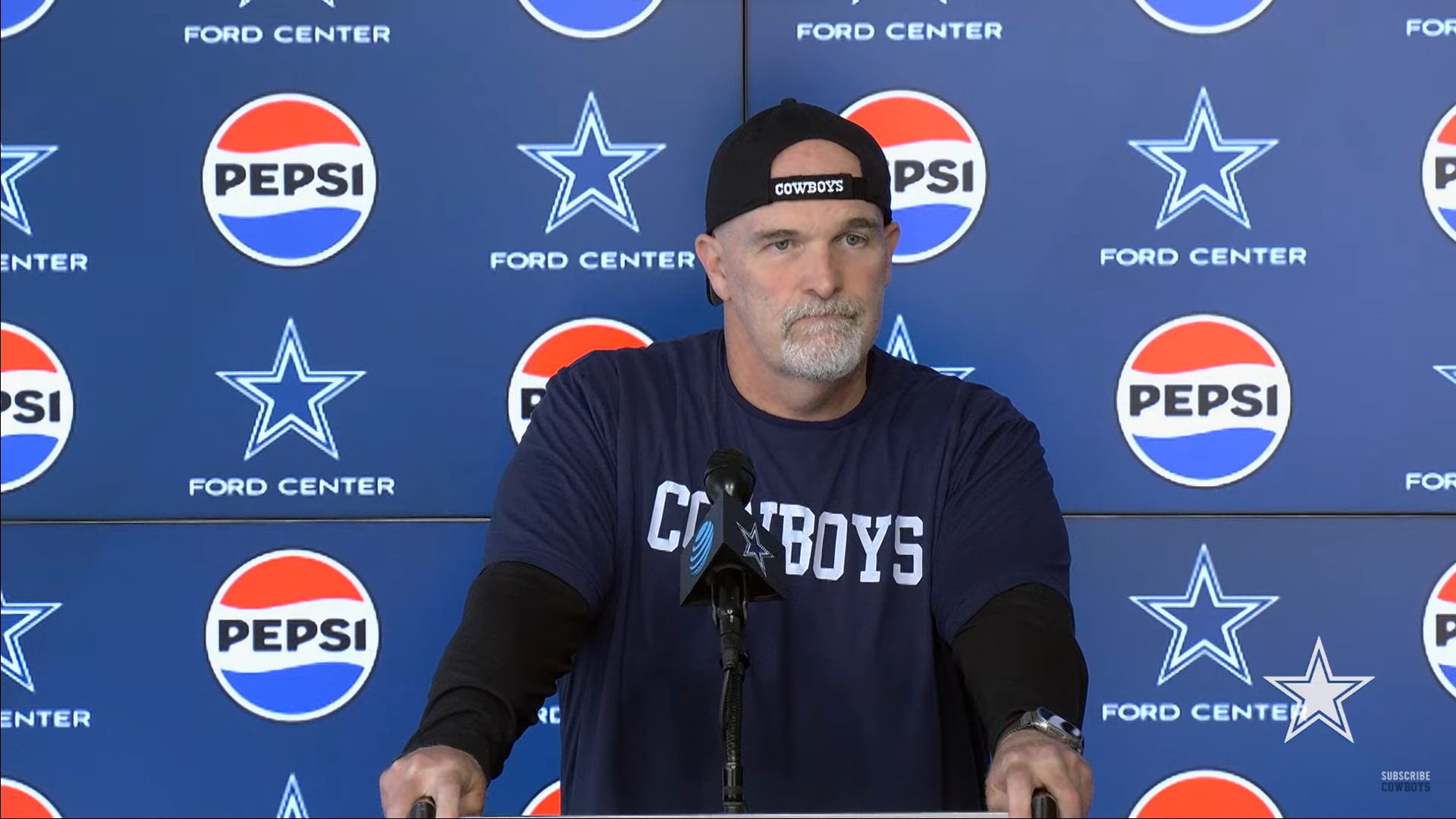 Dallas Cowboys defensive coordinator Dan Quinn talks to the media about a potential position switch for Micah Parsons.