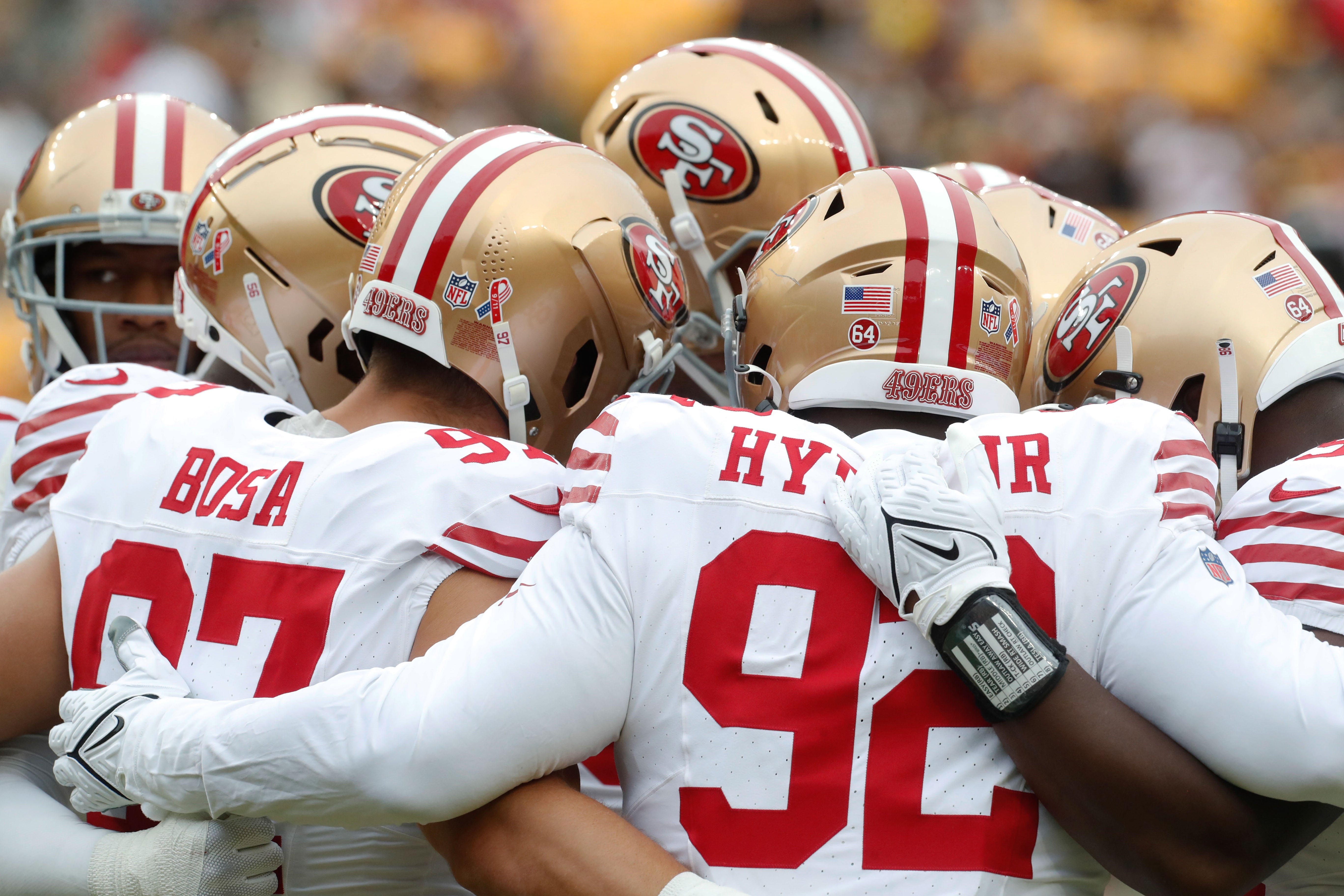 Sep 10, 2023; Pittsburgh, Pennsylvania, USA; The San Francisco 49ers defense huddles during warms ups before the game against the Pittsburgh Steelers at Acrisure Stadium.