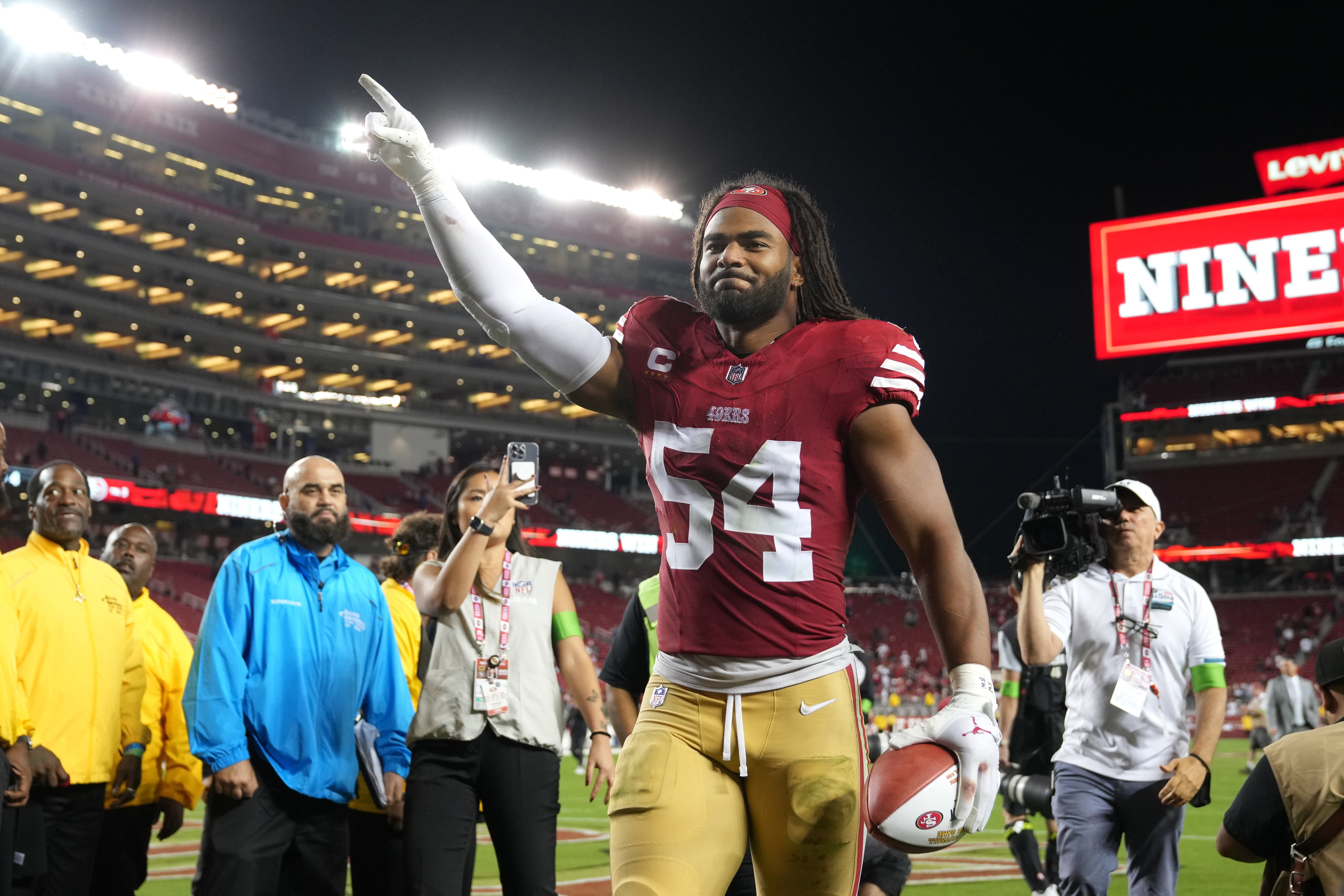 Oct 8, 2023; Santa Clara, California, USA; San Francisco 49ers linebacker Fred Warner (54) gestures while walking off of the field after defeating the Dallas Cowboys at Levi's Stadium.