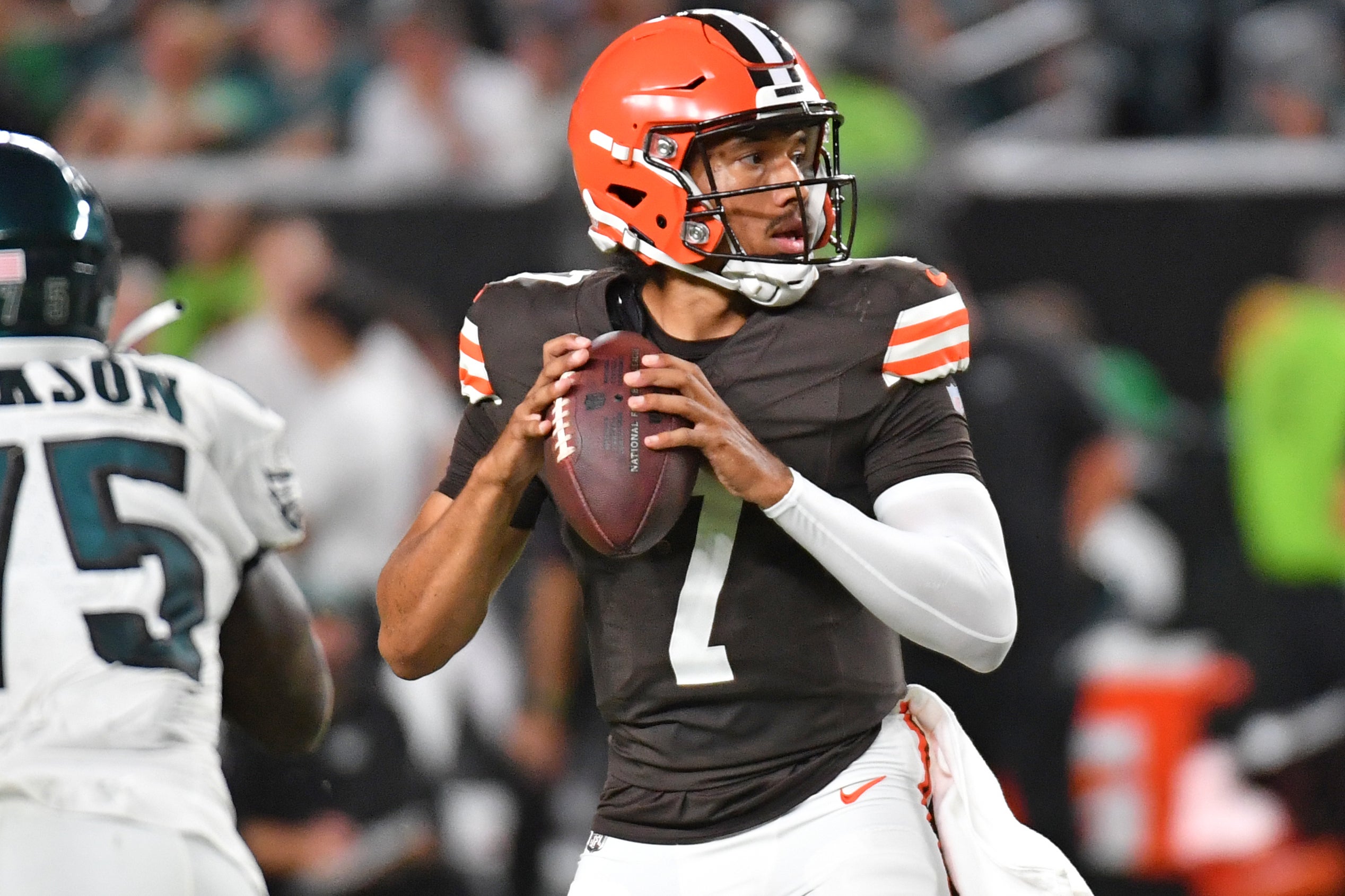 Aug 17, 2023; Philadelphia, Pennsylvania, USA; Cleveland Browns quarterback Kellen Mond (7) looks for a receiver against the Philadelphia Eagles during the fourth quarter at Lincoln Financial Field.