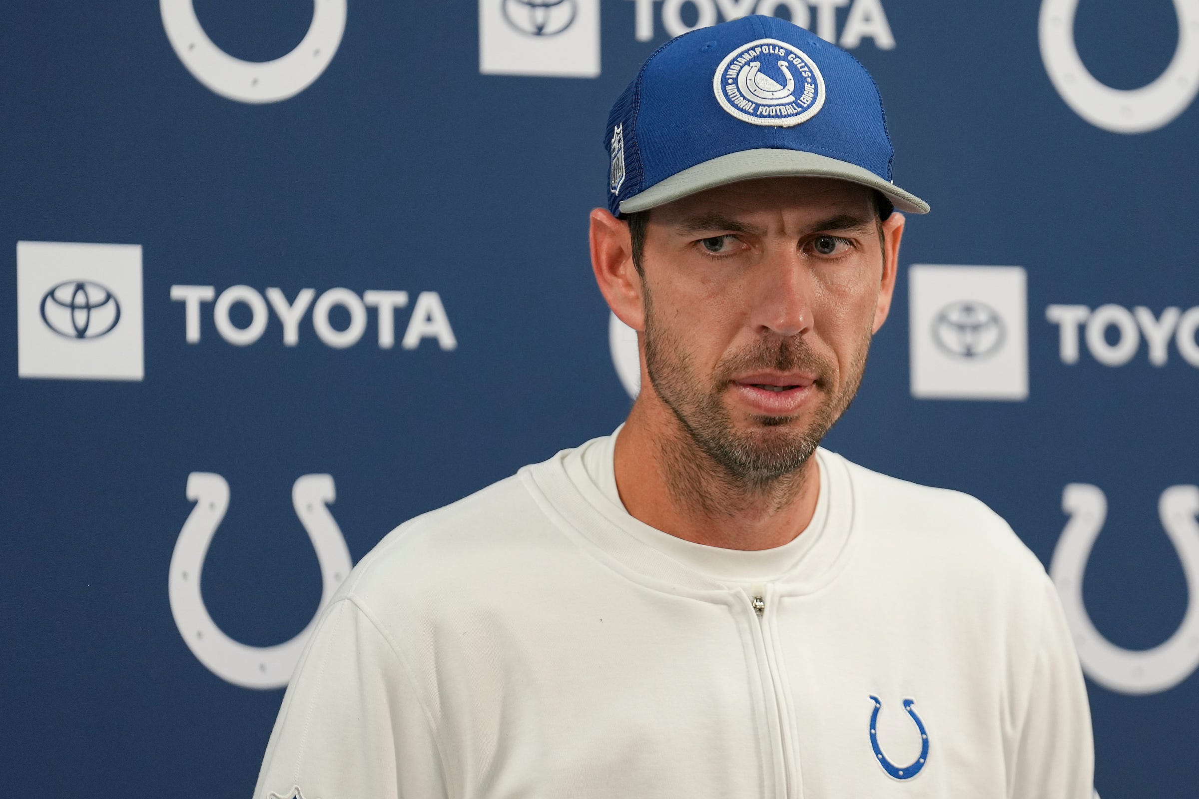 Indianapolis Colts head coach Shane Steichen speaks Sunday, Sept. 24, 2023, during a post-game press conference at M&T Bank Stadium in Baltimore. The Colts defeated the Ravens in overtime, 22-19.