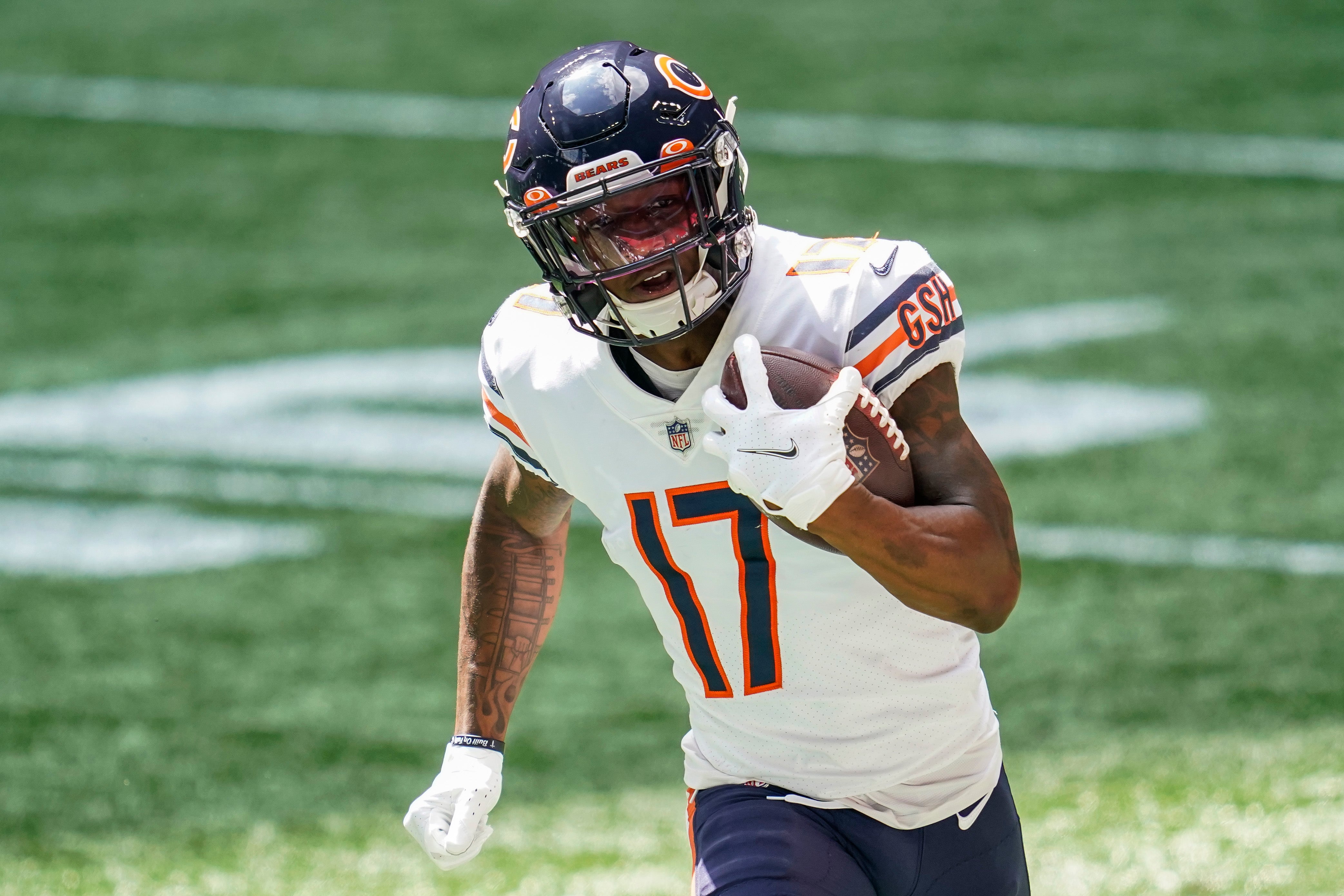 Sep 27, 2020; Atlanta, Georgia, USA; Chicago Bears wide receiver Anthony Miller (17) runs after a catch against the Atlanta Falcons during the first half at Mercedes-Benz Stadium.