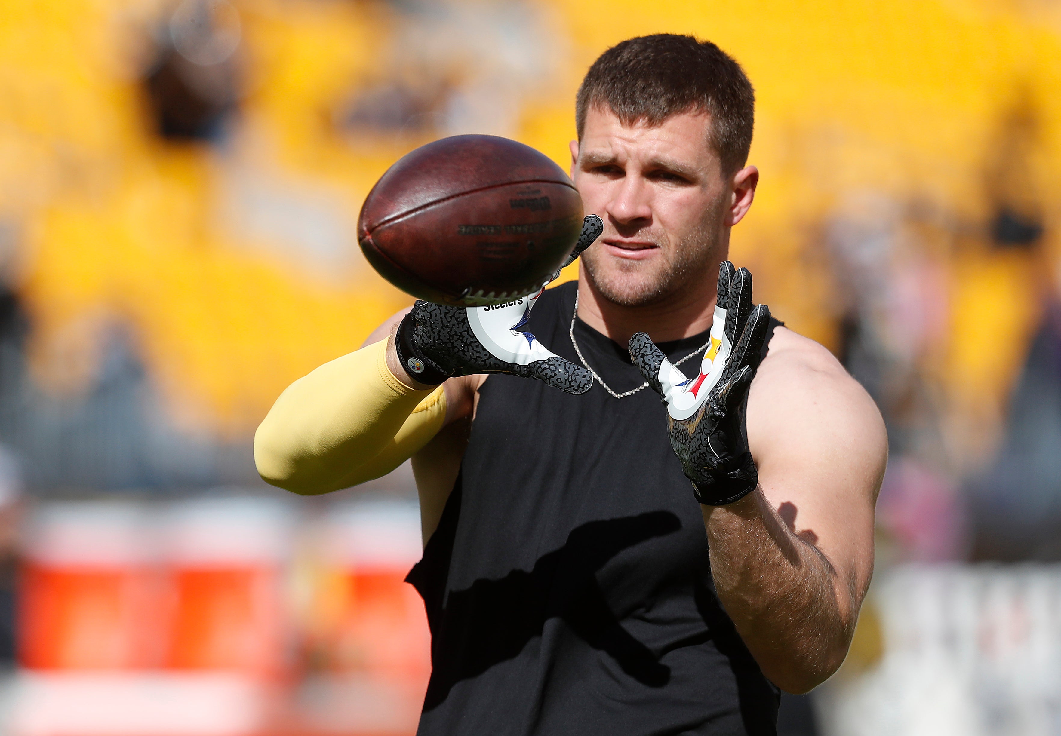Oct 8, 2023; Pittsburgh, Pennsylvania, USA; Pittsburgh Steelers linebacker T.J. Watt (90) warms up before the game against the Baltimore Ravens at Acrisure Stadium. Mandatory Credit: Charles LeClaire-USA TODAY Sports