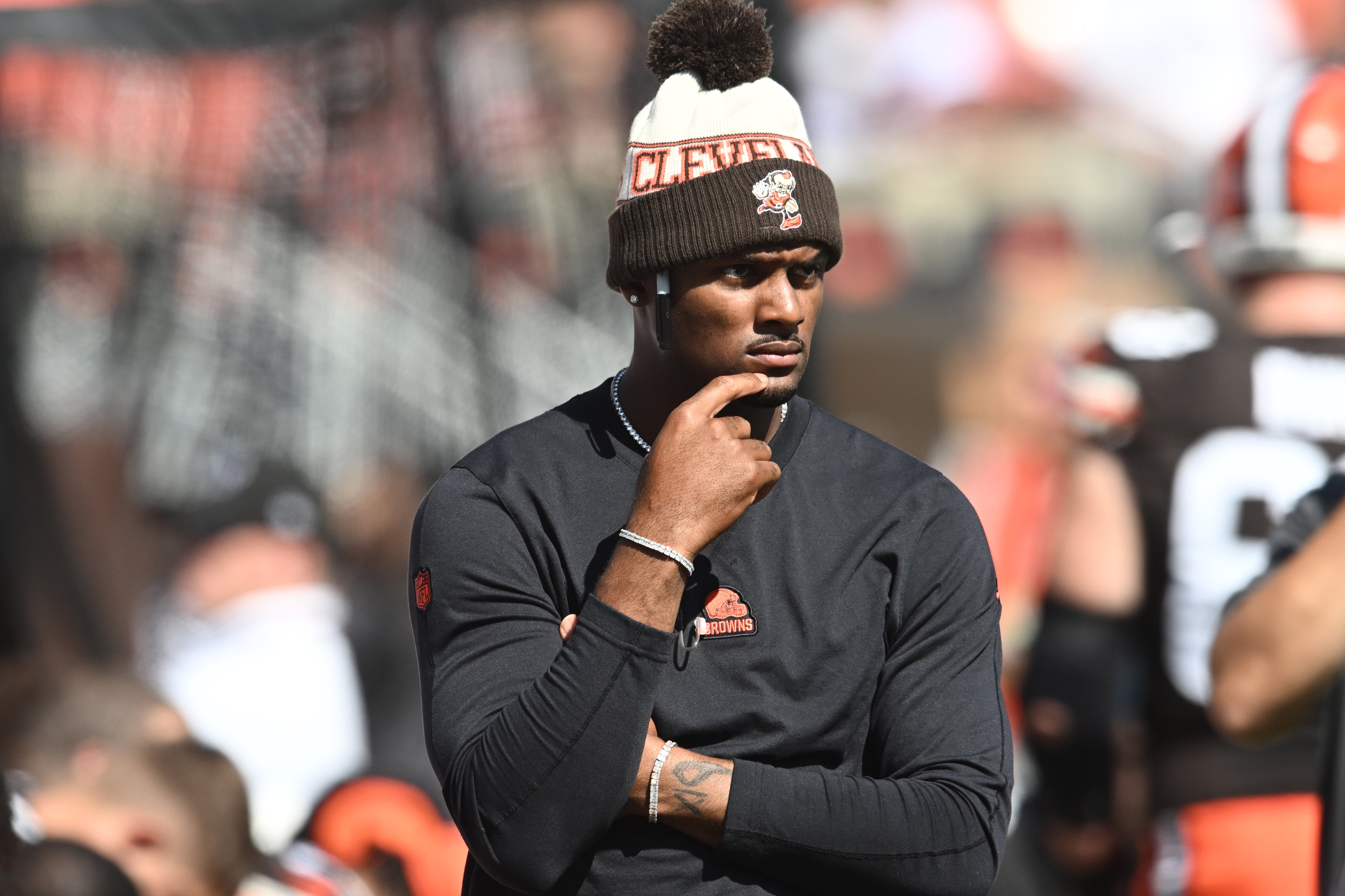Oct 1, 2023; Cleveland, Ohio, USA; Cleveland Browns quarterback Deshaun Watson (4) watches from the sidelines during the first half against the Baltimore Ravens at Cleveland Browns Stadium.