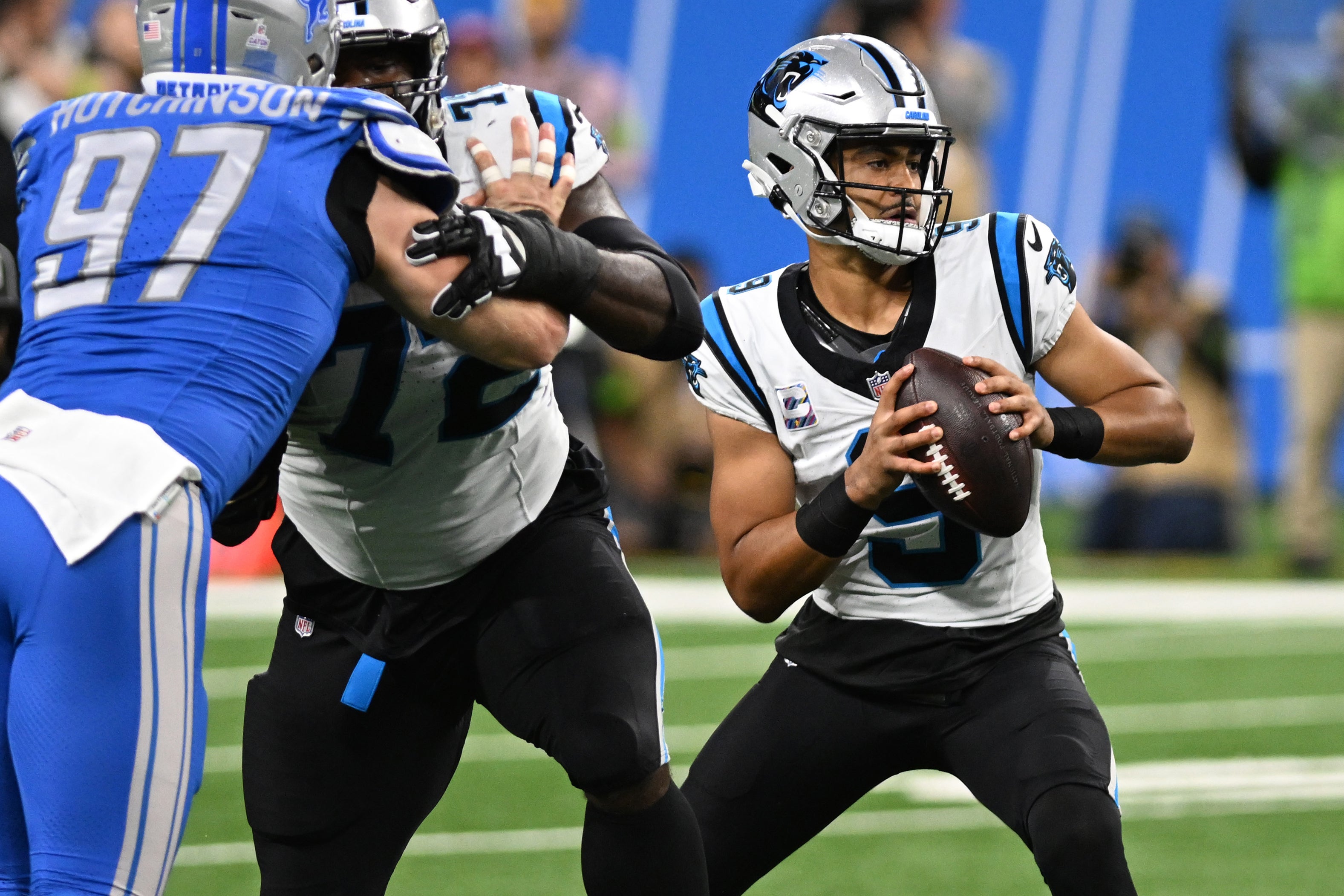 Oct 8, 2023; Detroit, Michigan, USA; Carolina Panthers quarterback Bryce Young (9) runs out of the pocket against the Detroit Lions in the first quarter at Ford Field. Mandatory Credit: Lon Horwedel-USA TODAY Sports