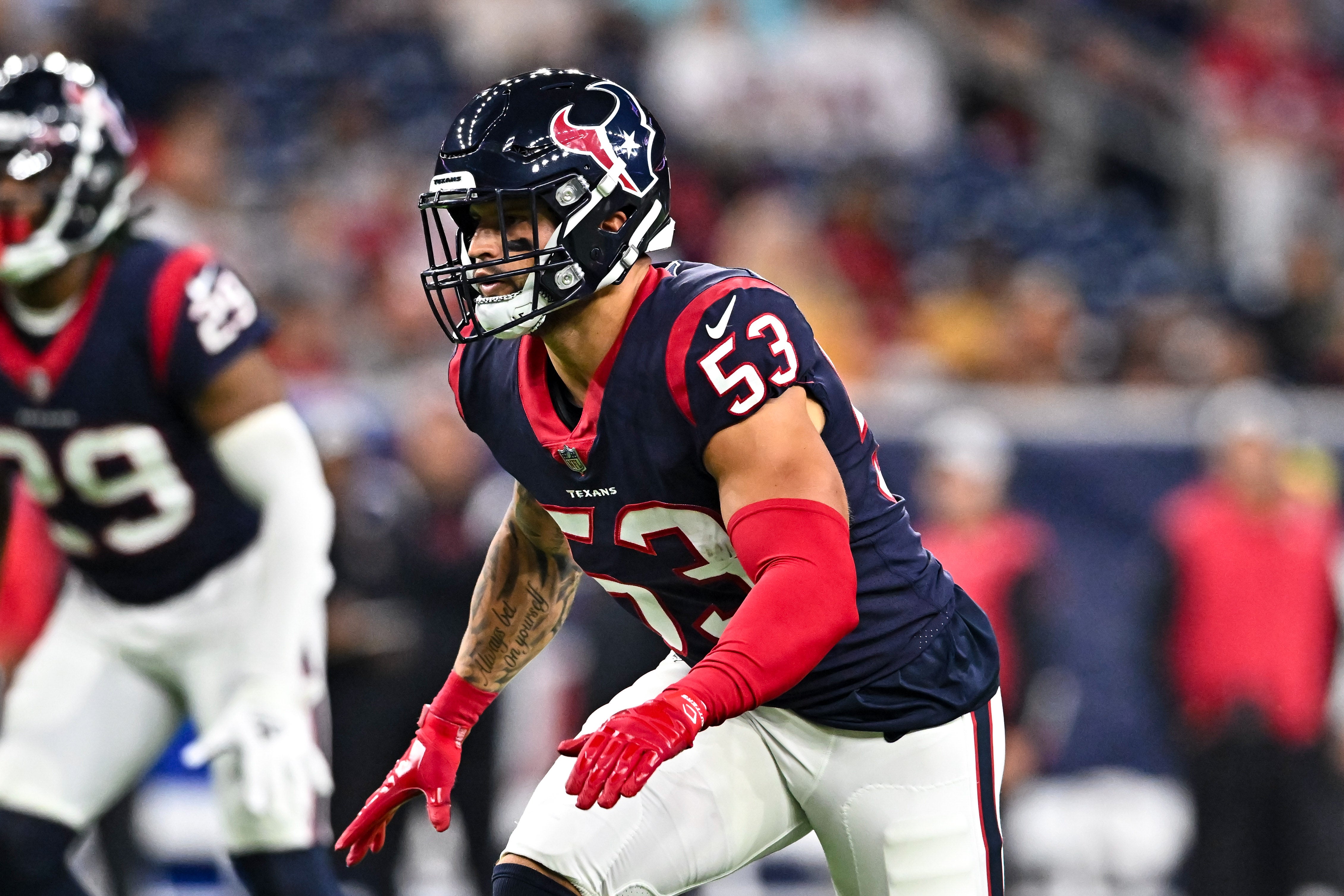 Aug 25, 2022; Houston, Texas, USA; Houston Texans linebacker Blake Cashman (53) in action during the second half against the San Francisco 49ers at NRG Stadium.