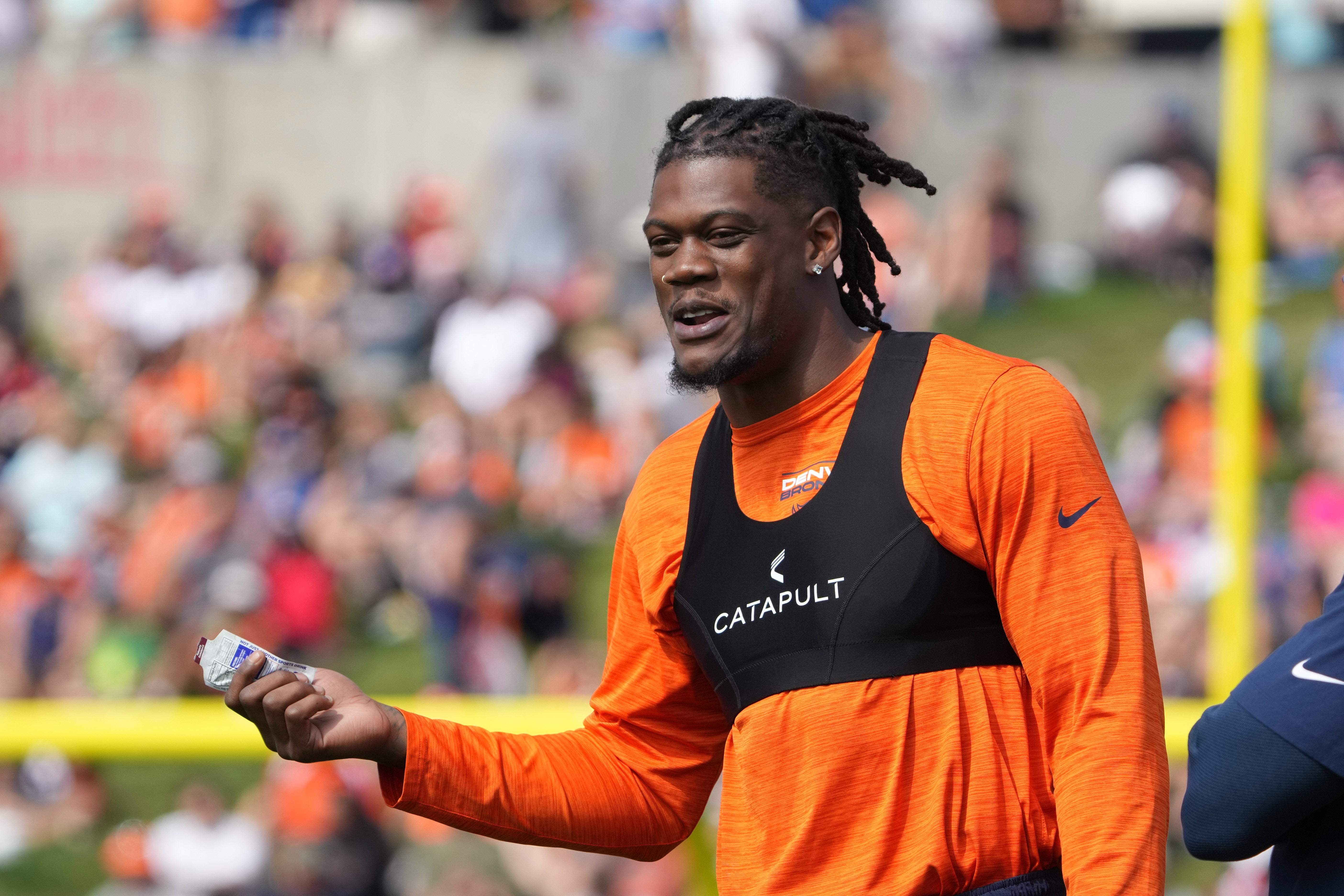 Jul 29, 2022; Englewood, CO, USA; Denver Broncos linebacker Randy Gregory (5) during training camp at the UCHealth Training Center.