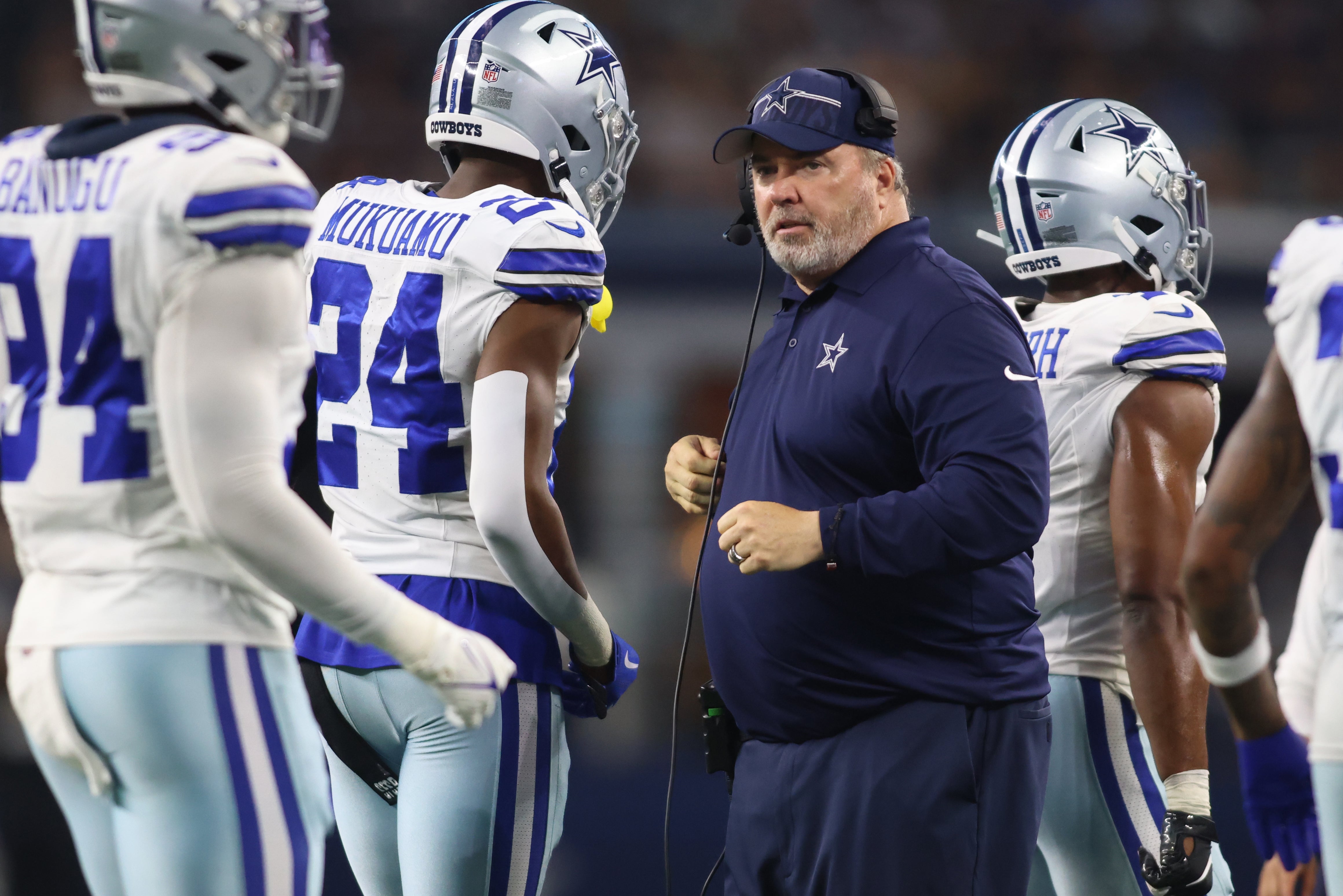Dallas Cowboys head coach Mike McCarthy on the field in the second half against the Las Vegas Raiders at AT&T Stadium. Mandatory Credit: Tim Heitman-USA TODAY Sports