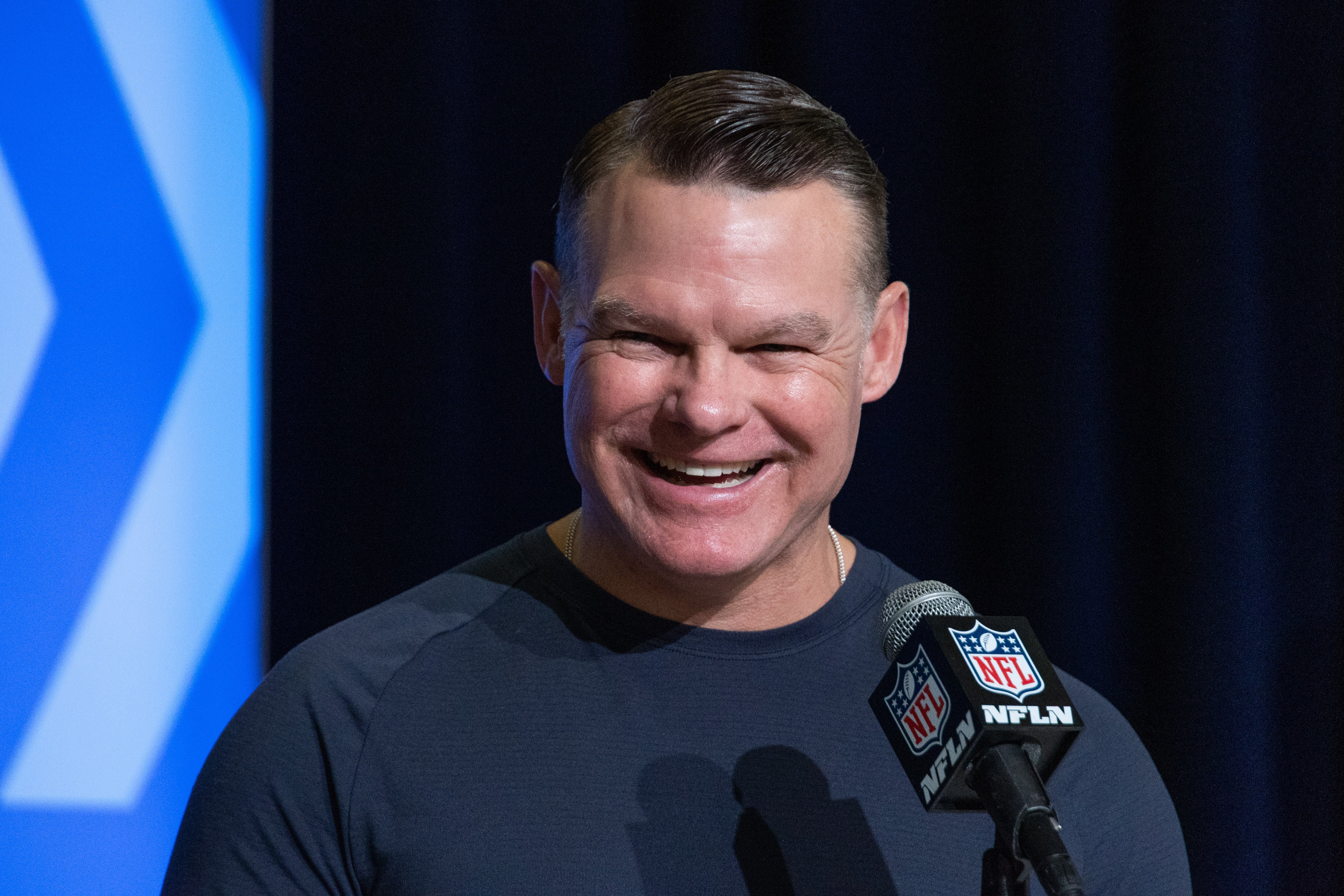 Mar 1, 2023; Indianapolis, IN, USA; Indianapolis Colts general manager Chris Ballard speaks to the press at the NFL Combine at Lucas Oil Stadium.