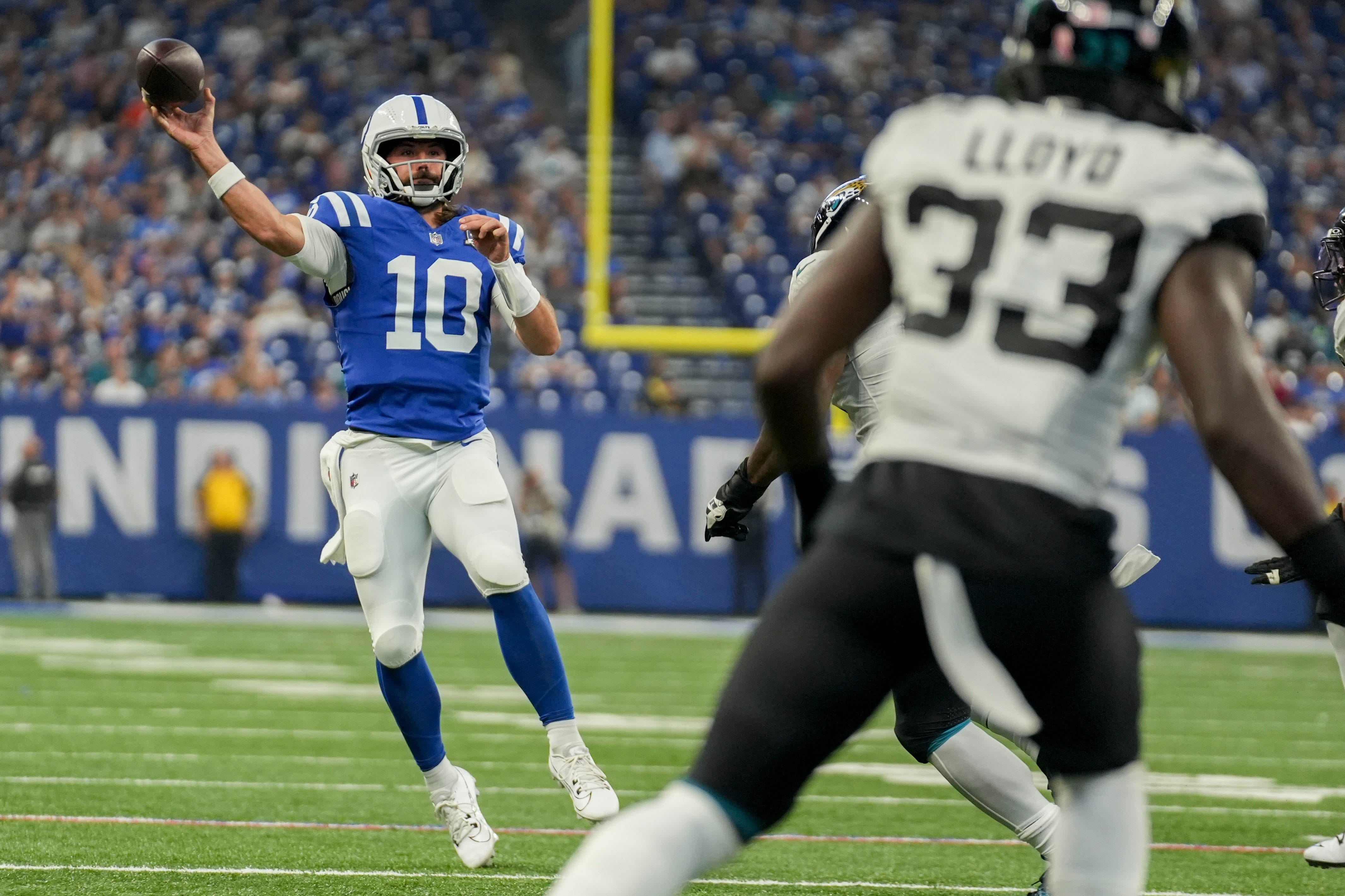 Indianapolis Colts quarterback Gardner Minshew II (10) passes the ball Sunday, Sept. 10, 2023, during a game against the Jacksonville Jaguars at Lucas Oil Stadium in Indianapolis.