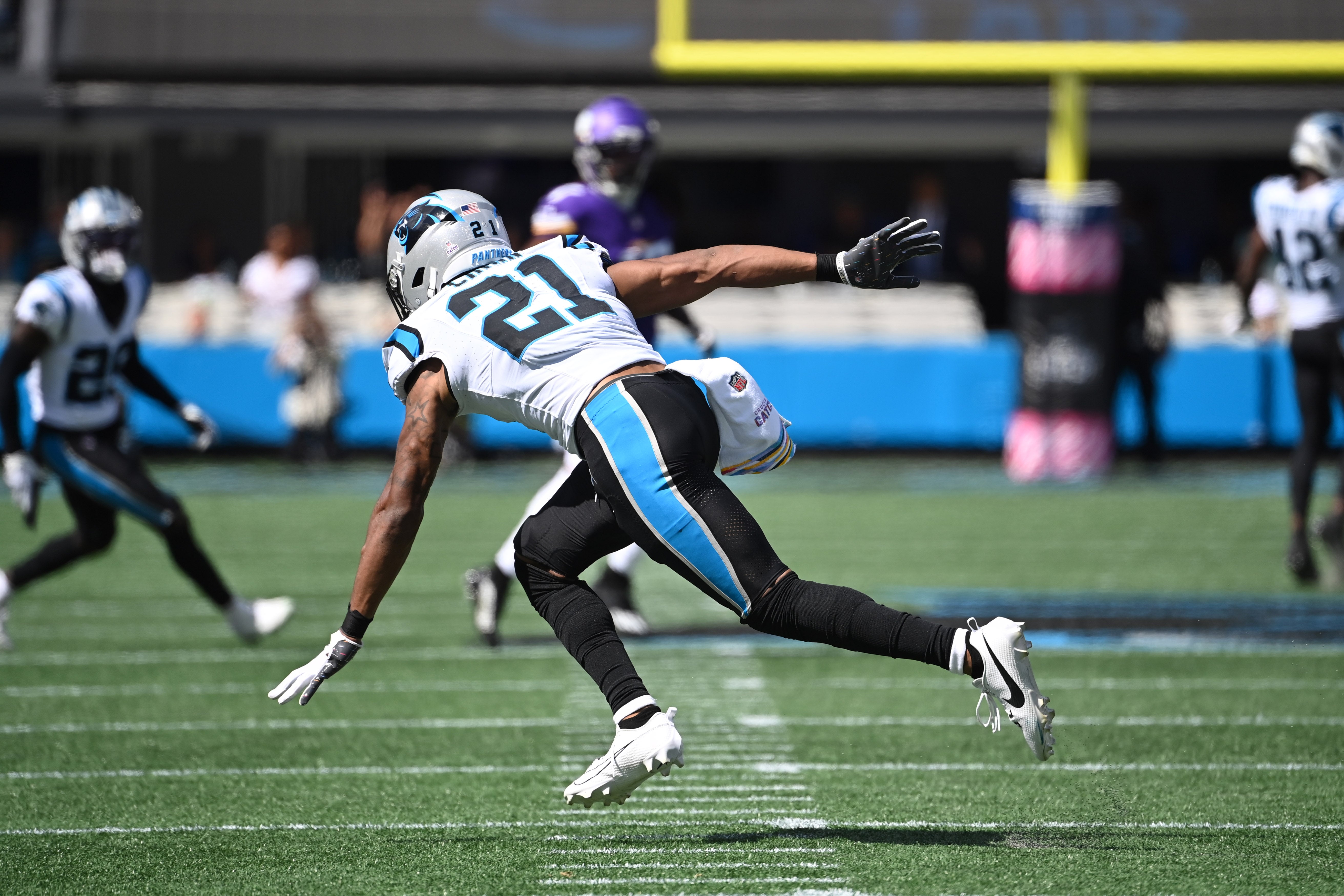 Oct 1, 2023; Charlotte, North Carolina, USA; Carolina Panthers safety Jeremy Chinn (21) reacts after a sack in the second quarter at Bank of America Stadium. Mandatory Credit: Bob Donnan-USA TODAY Sports