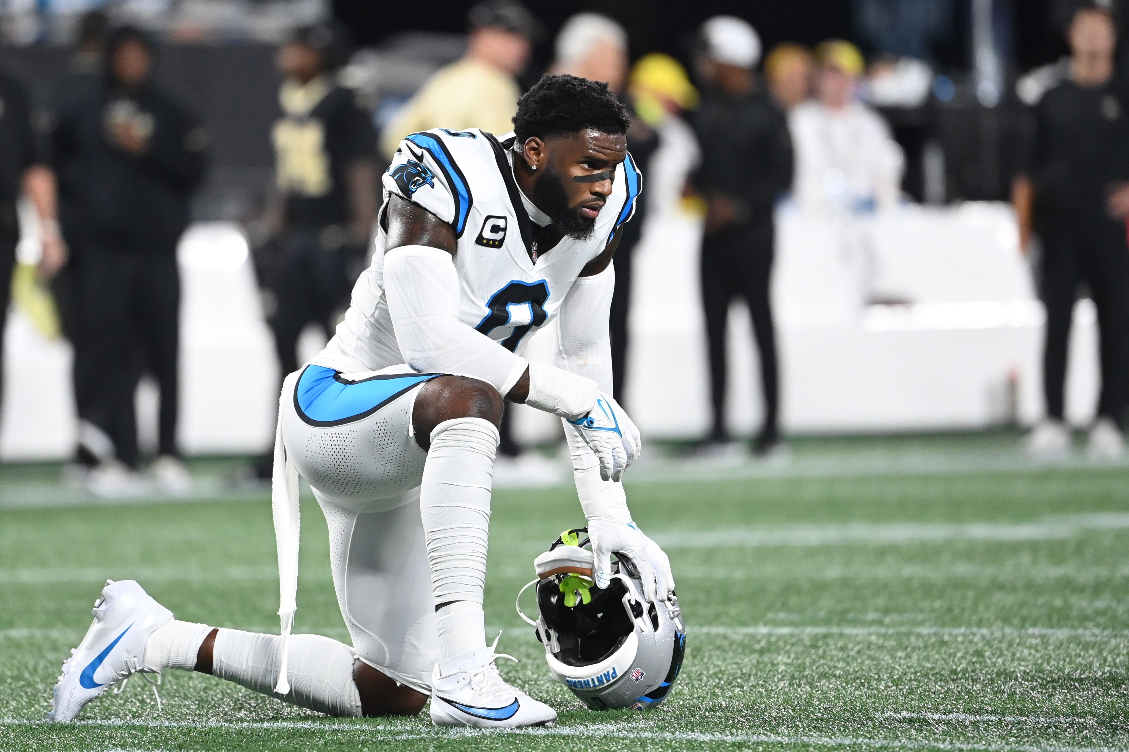 Sep 18, 2023; Charlotte, North Carolina, USA; Carolina Panthers linebacker Brian Burns (0) on the field in the first quarter at Bank of America Stadium. Mandatory Credit: Bob Donnan-USA TODAY Sports