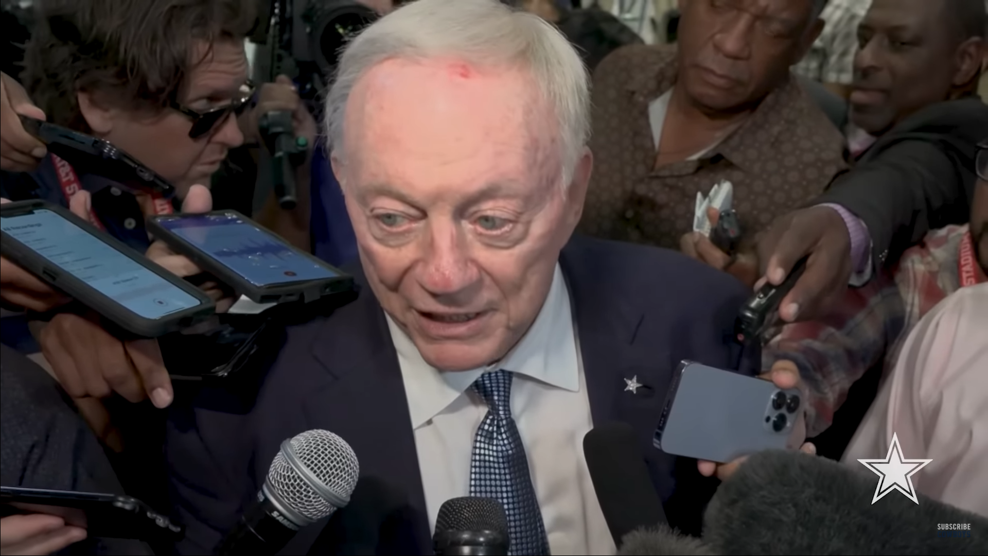 Dallas Cowboys owner Jerry Jones talks to the media postgame.