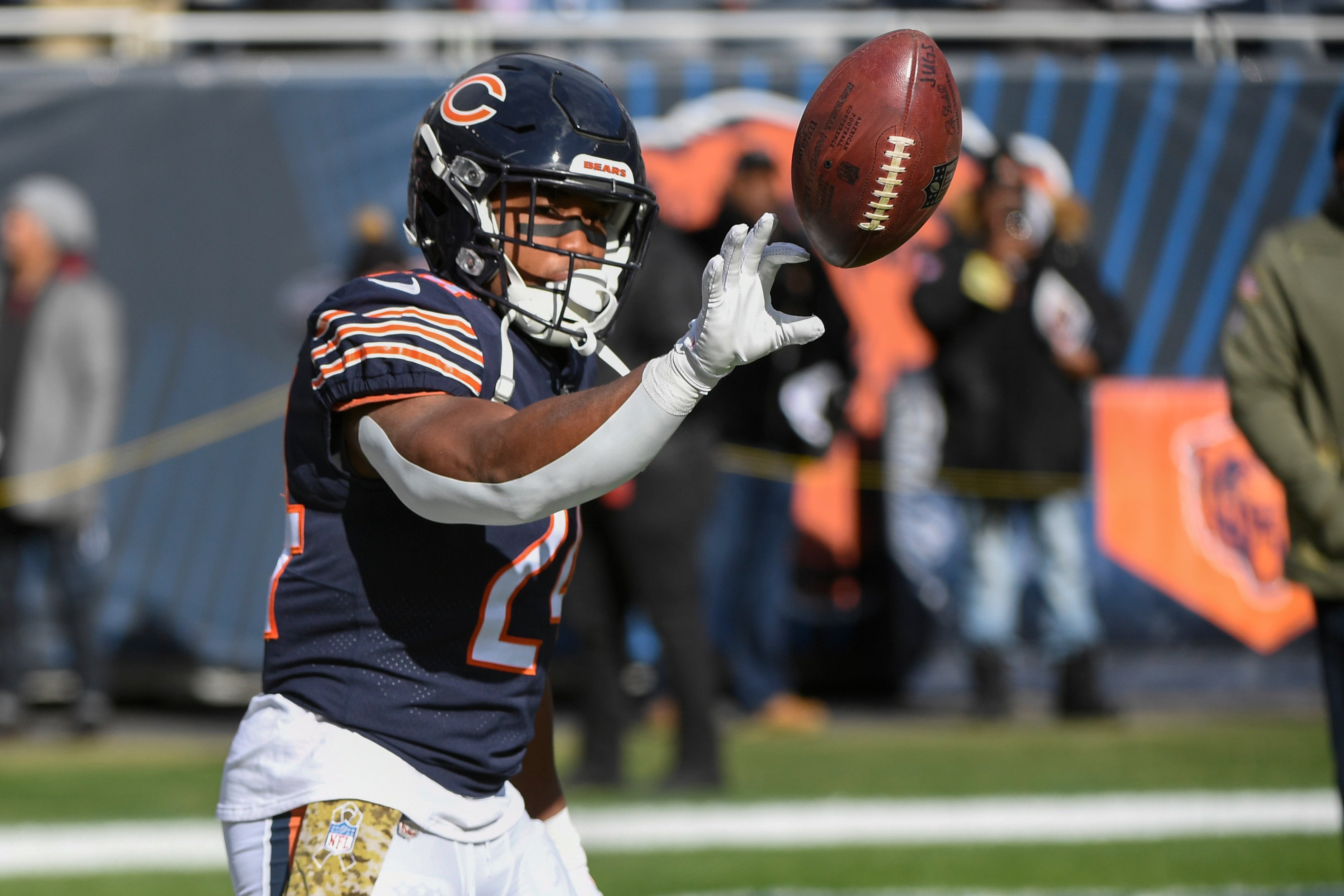 Nov 13, 2022; Chicago, Illinois, USA; Chicago Bears running back Khalil Herbert (24) during warmups before the game against the Detroit Lions at Soldier Field.