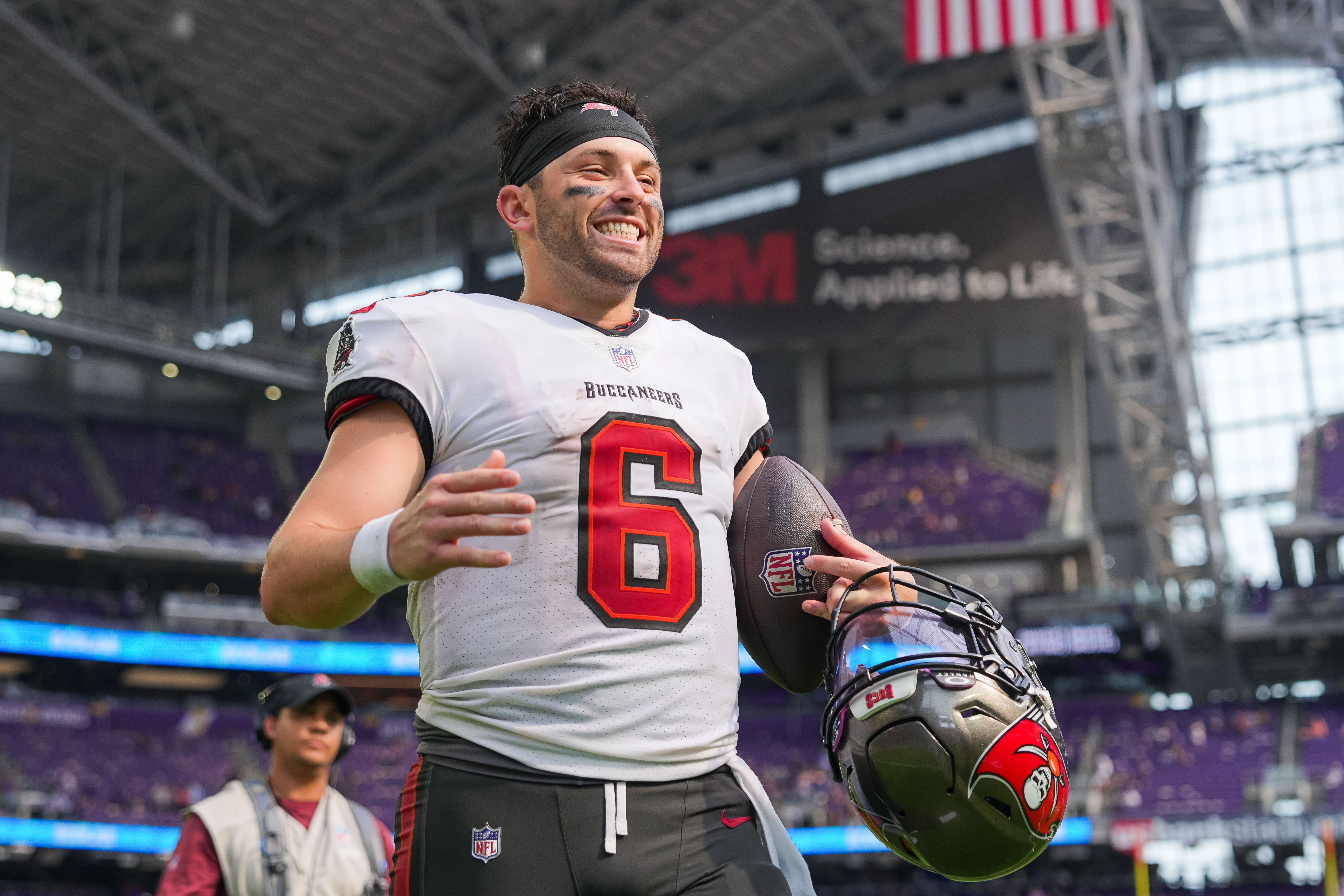 Sep 10, 2023; Minneapolis, Minnesota, USA; Tampa Bay Buccaneers quarterback Baker Mayfield (6) leaves the field after the game against the Minnesota Vikings at U.S. Bank Stadium. Mandatory Credit: Brad Rempel-USA TODAY Sports