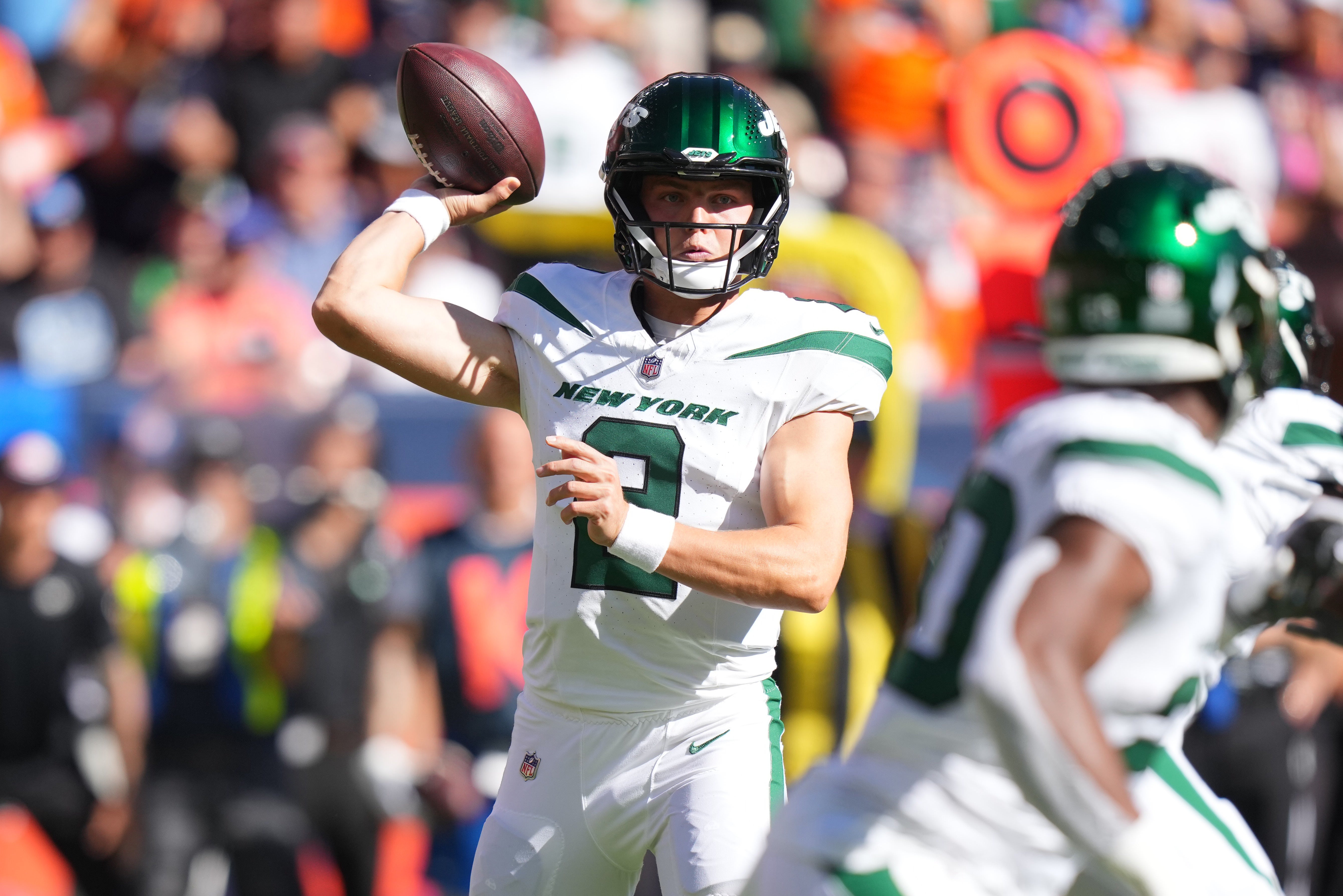 New York Jets quarterback Zach Wilson (2) during the first quarter against the Denver Broncos at Empower Field at Mile High.