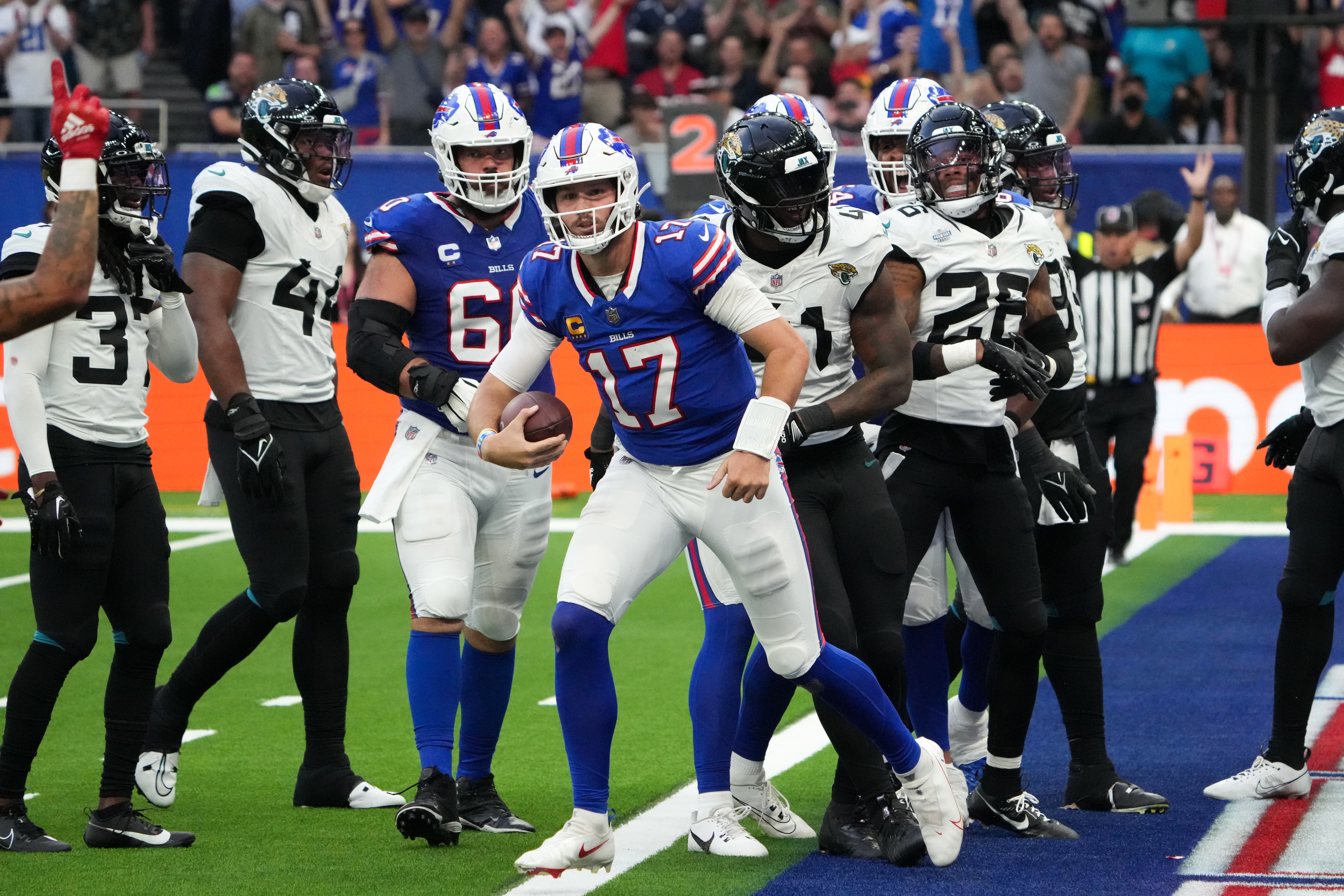 Buffalo Bills QB Josh Allen celebrating in the endzone against the Jacksonville Jaguars