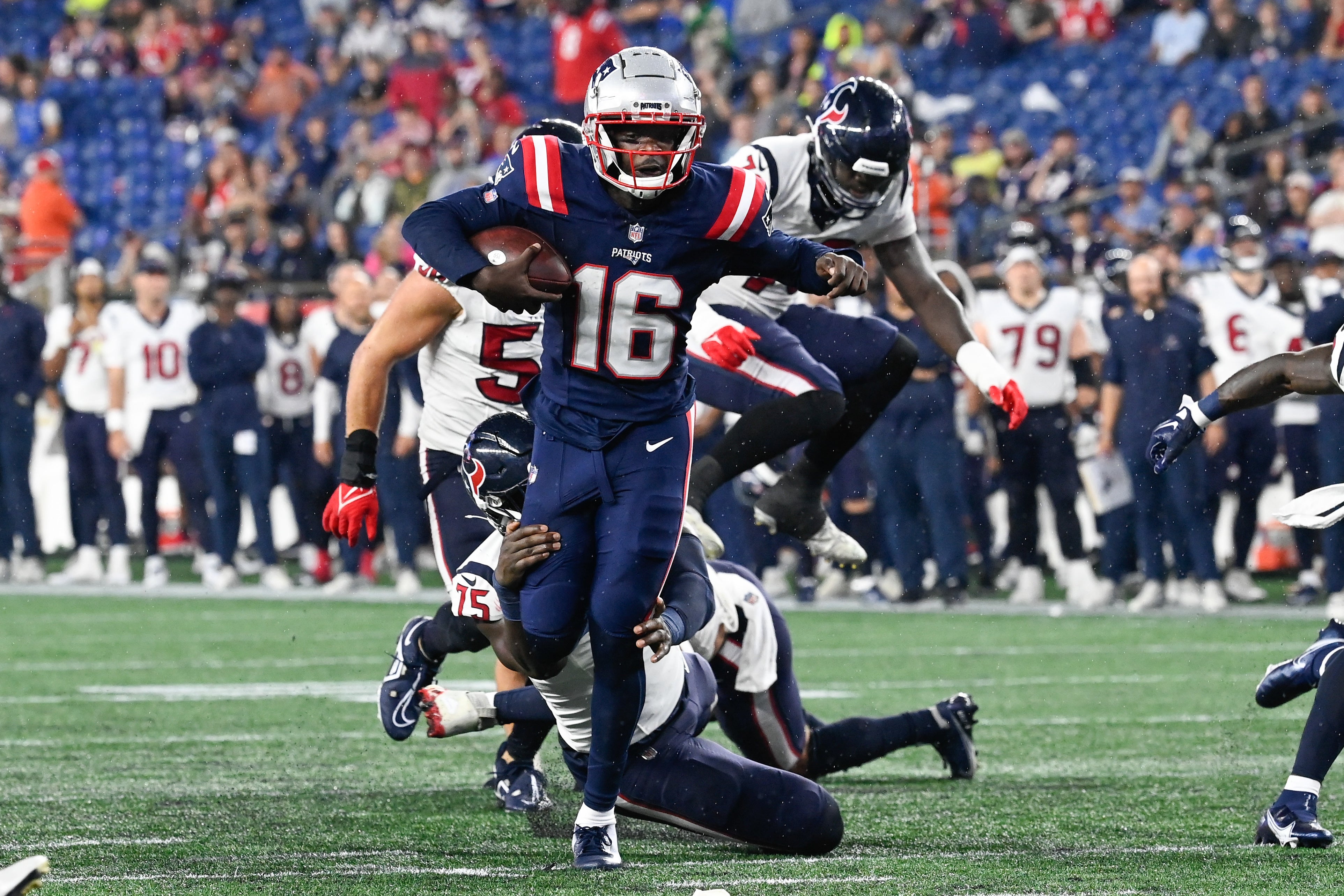 New England Patriots quarterback Malik Cunningham (16) fights his way into the endzone for a touchdown against the Houston Texans during the second half at Gillette Stadium. Mandatory Credit: Eric Canha-USA TODAY Sports