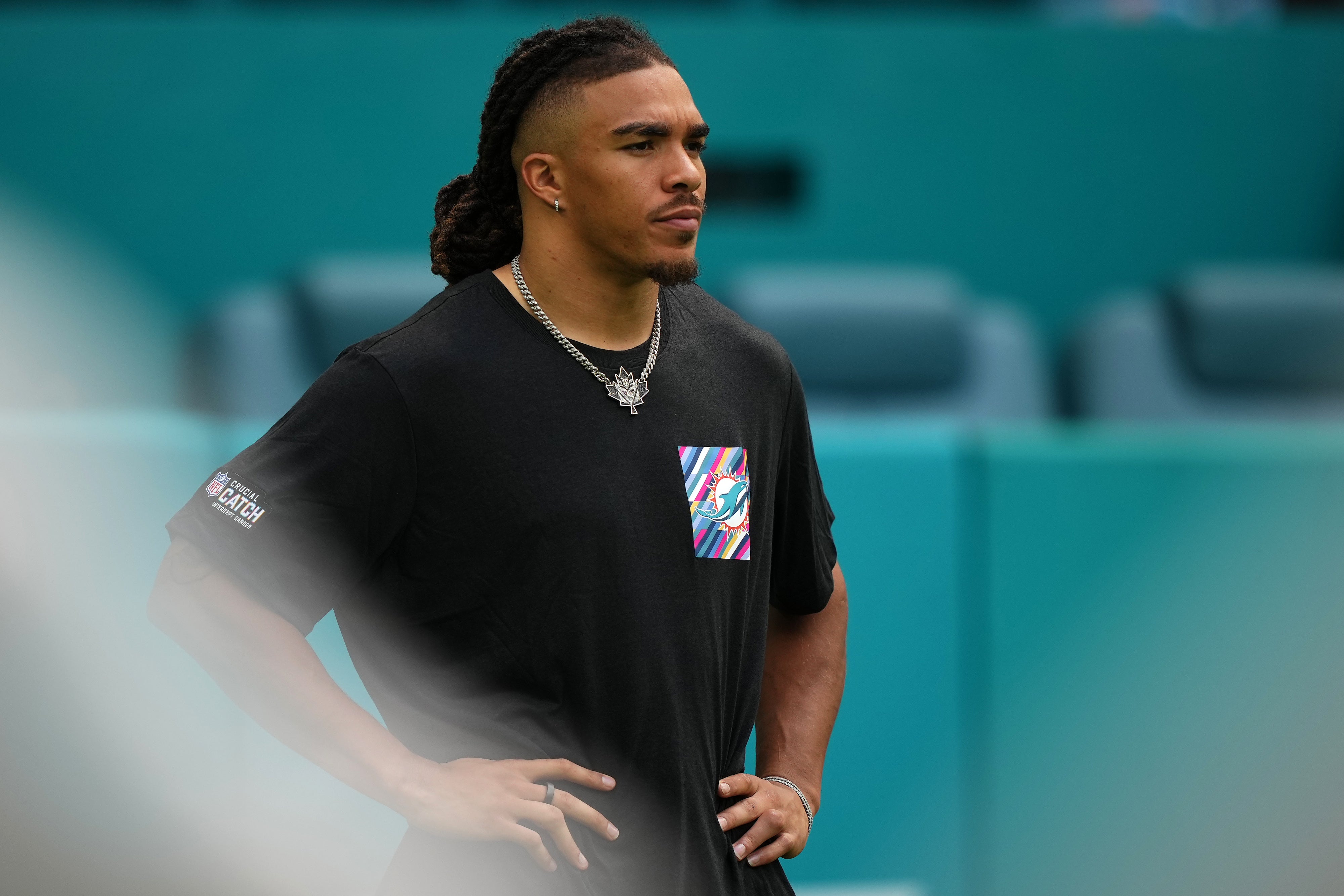 Miami Dolphins wide receiver Chase Claypool stands on the field prior to the game against the New York Giants at Hard Rock Stadium. Mandatory Credit: Jasen Vinlove-USA TODAY Sports