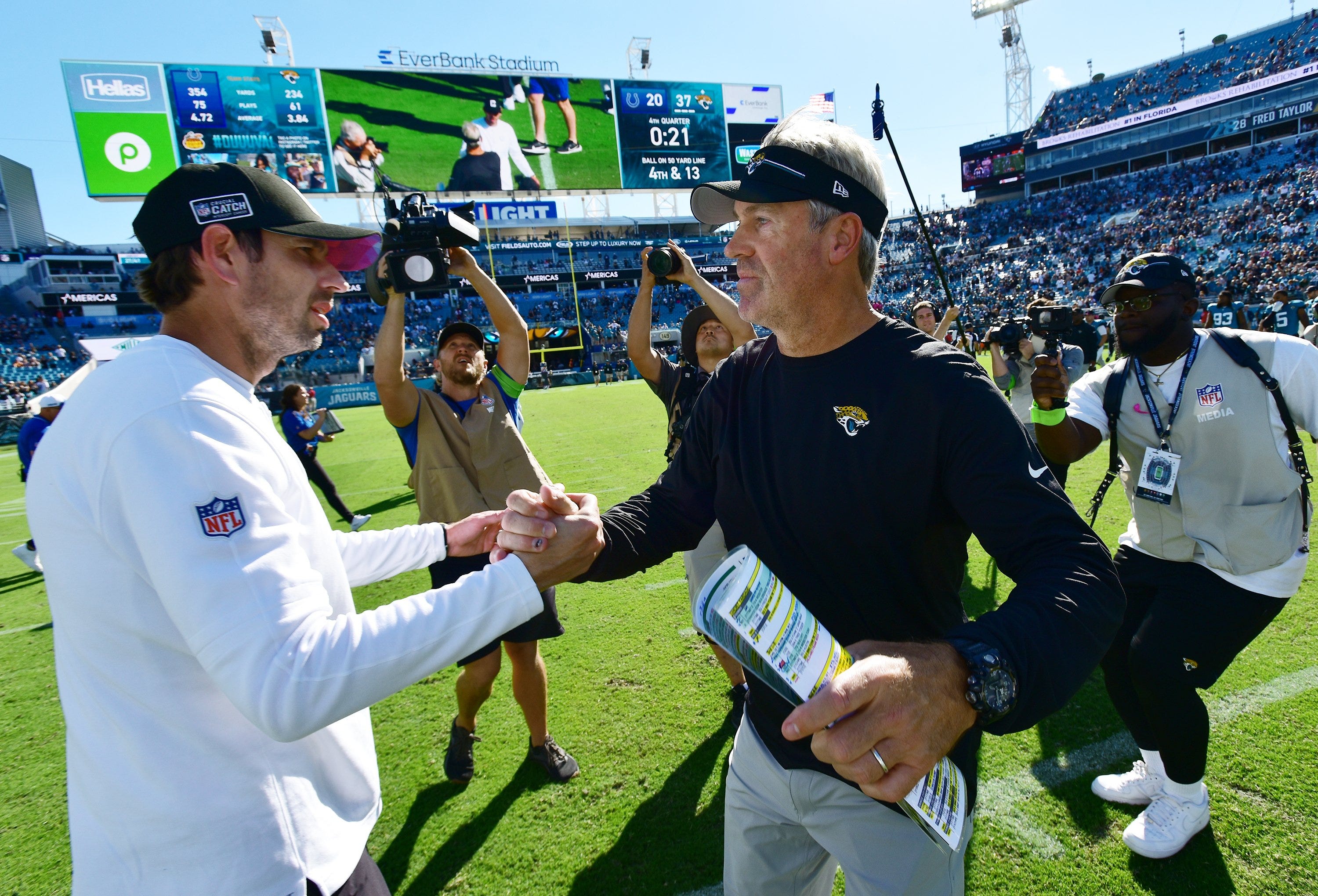 Indianapolis Colts head coach Shane Steichen shakes hands with Jacksonville Jaguars head coach Doug Pederson as the clock ticks off the final seconds of Sunday's game. The Jacksonville Jaguars hosted the Indianapolis Colts at EverBank Stadium in Jacksonville, FL Sunday, October 15, 2023. The Jaguars ended the first half with a 21 to 6 lead and won with a final score of 37 to 20.