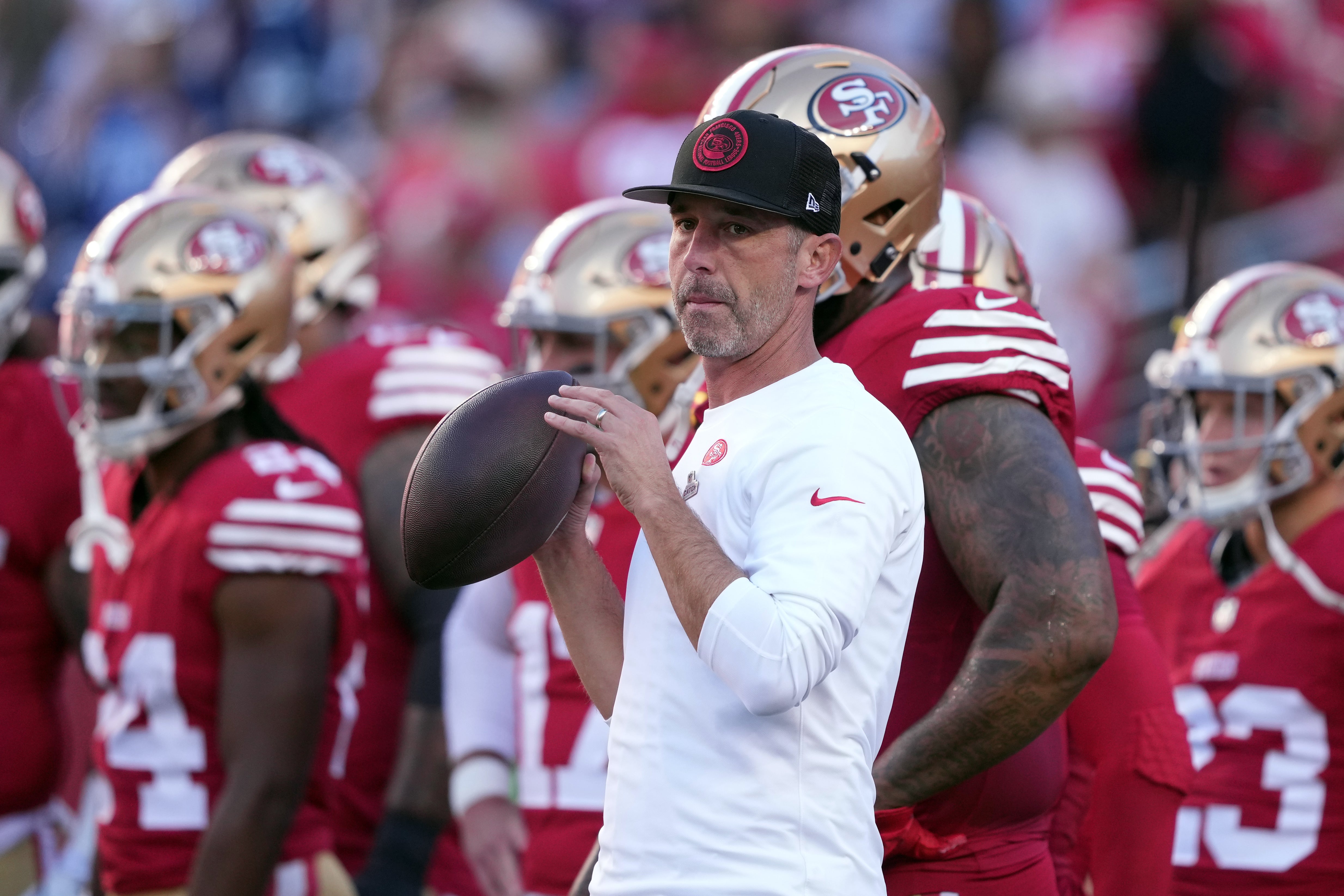 Oct 8, 2023; Santa Clara, California, USA; San Francisco 49ers head coach Kyle Shanahan looks on before the game against the Dallas Cowboys at Levi's Stadium.