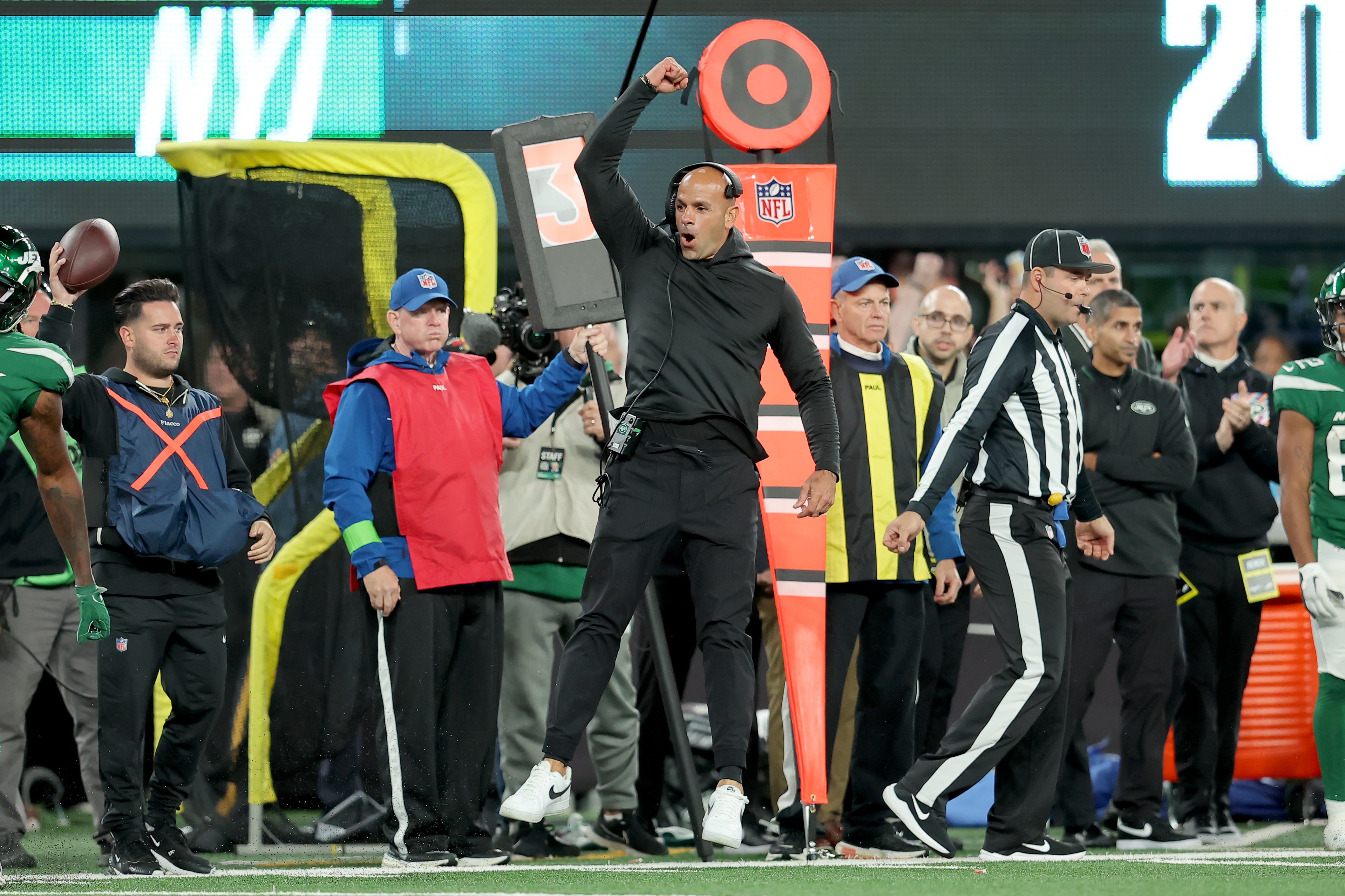 Oct 15, 2023; East Rutherford, New Jersey, USA; New York Jets head coach Robert Saleh reacts during the fourth quarter against the Philadelphia Eagles at MetLife Stadium.