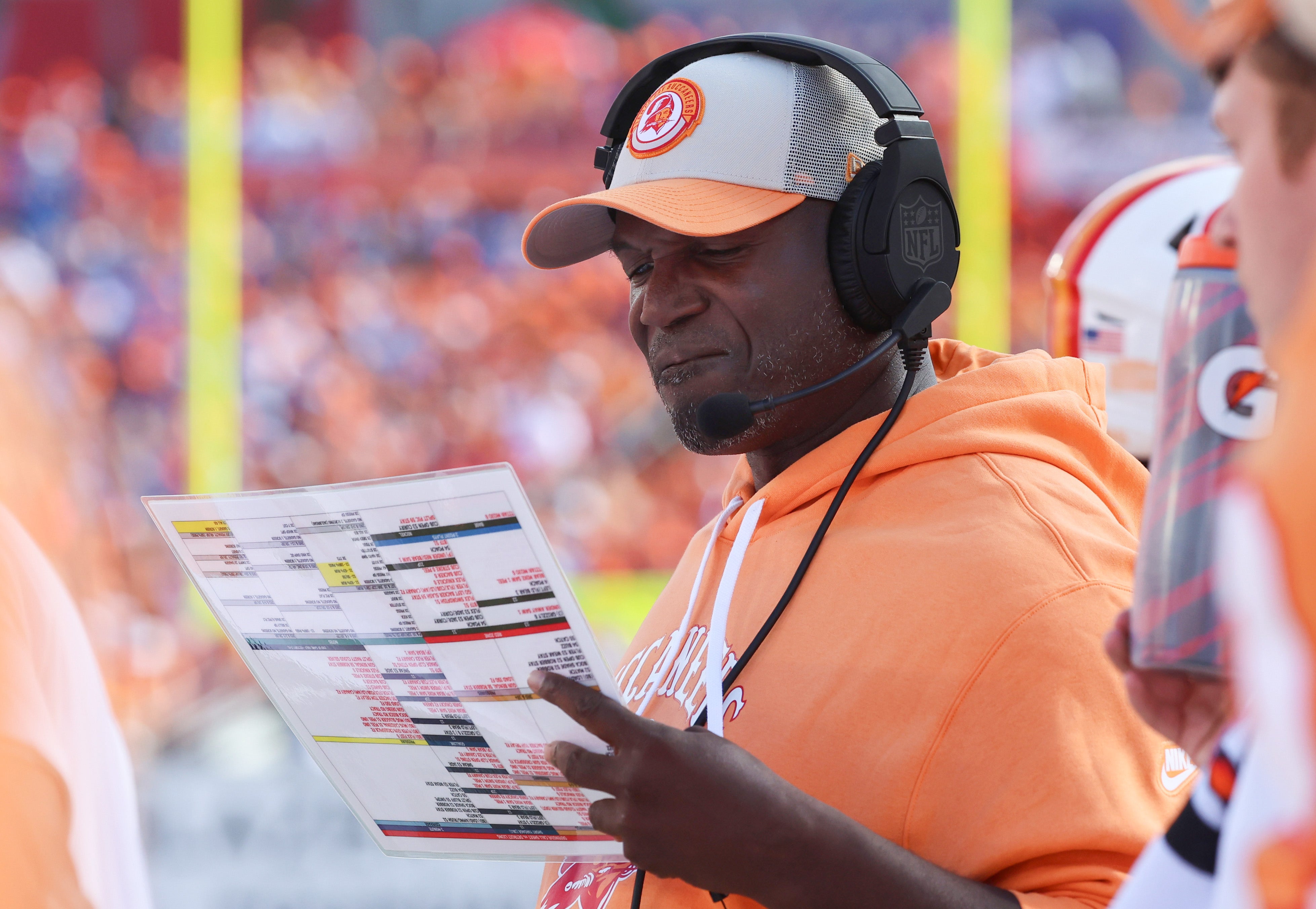 Oct 15, 2023; Tampa, Florida, USA; Tampa Bay Buccaneers head coach Todd Bowles against the Detroit Lions during the first quarter at Raymond James Stadium. Mandatory Credit: Kim Klement Neitzel-USA TODAY Sports