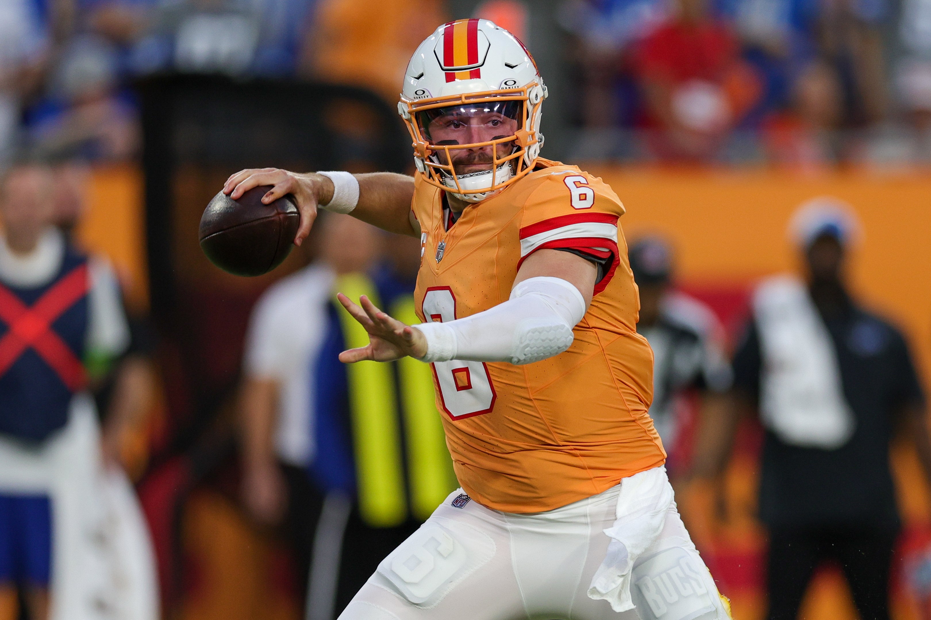 Oct 15, 2023; Tampa, Florida, USA; Tampa Bay Buccaneers quarterback Baker Mayfield (6) drops back to pass against the Detroit Lions in the fourth quarter at Raymond James Stadium. Mandatory Credit: Nathan Ray Seebeck-USA TODAY Sports