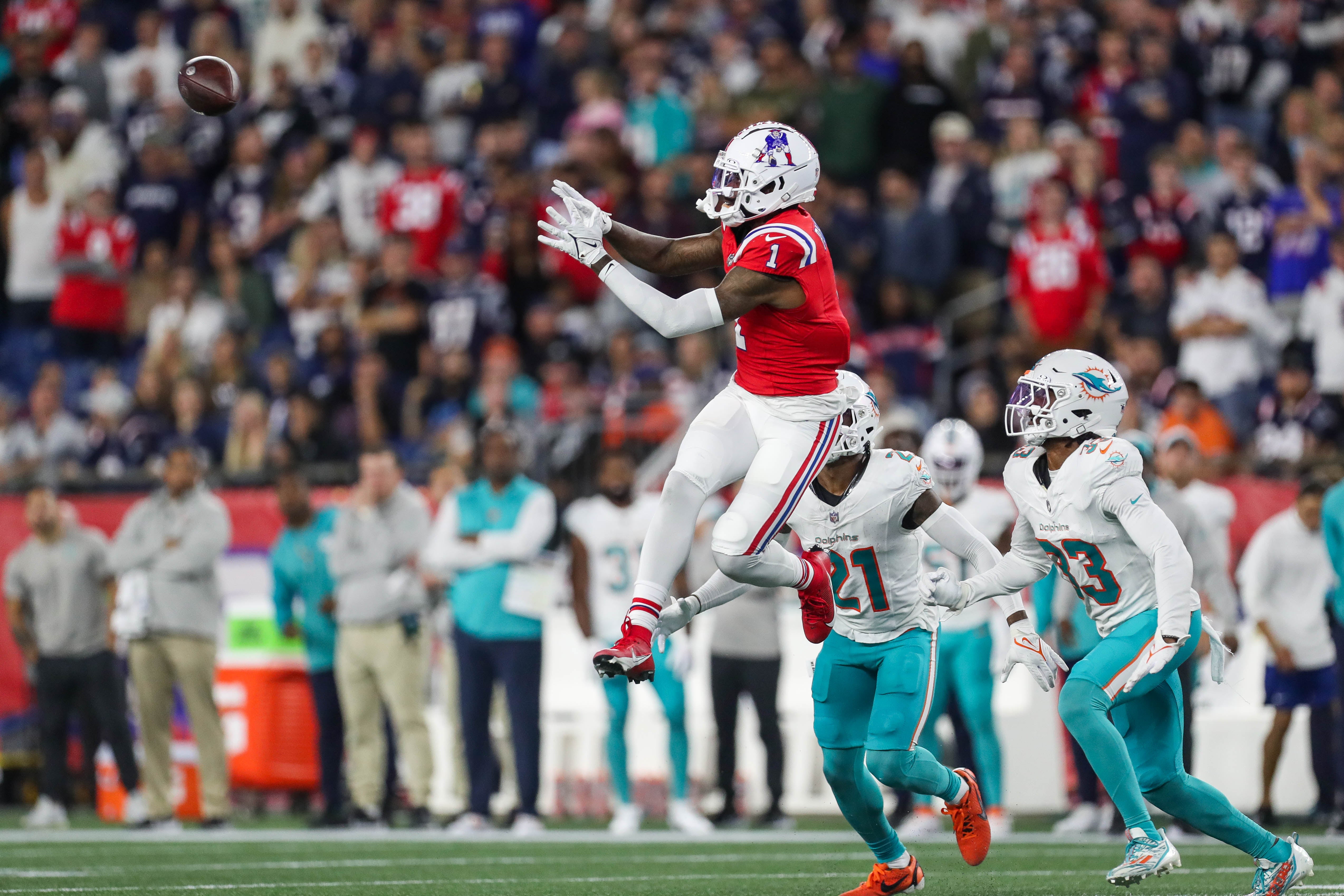 Sep 17, 2023; Foxborough, Massachusetts, USA; New England Patriots receiver DeVante Parker (1) catches a pass during the second half against the Miami Dolphins at Gillette Stadium.