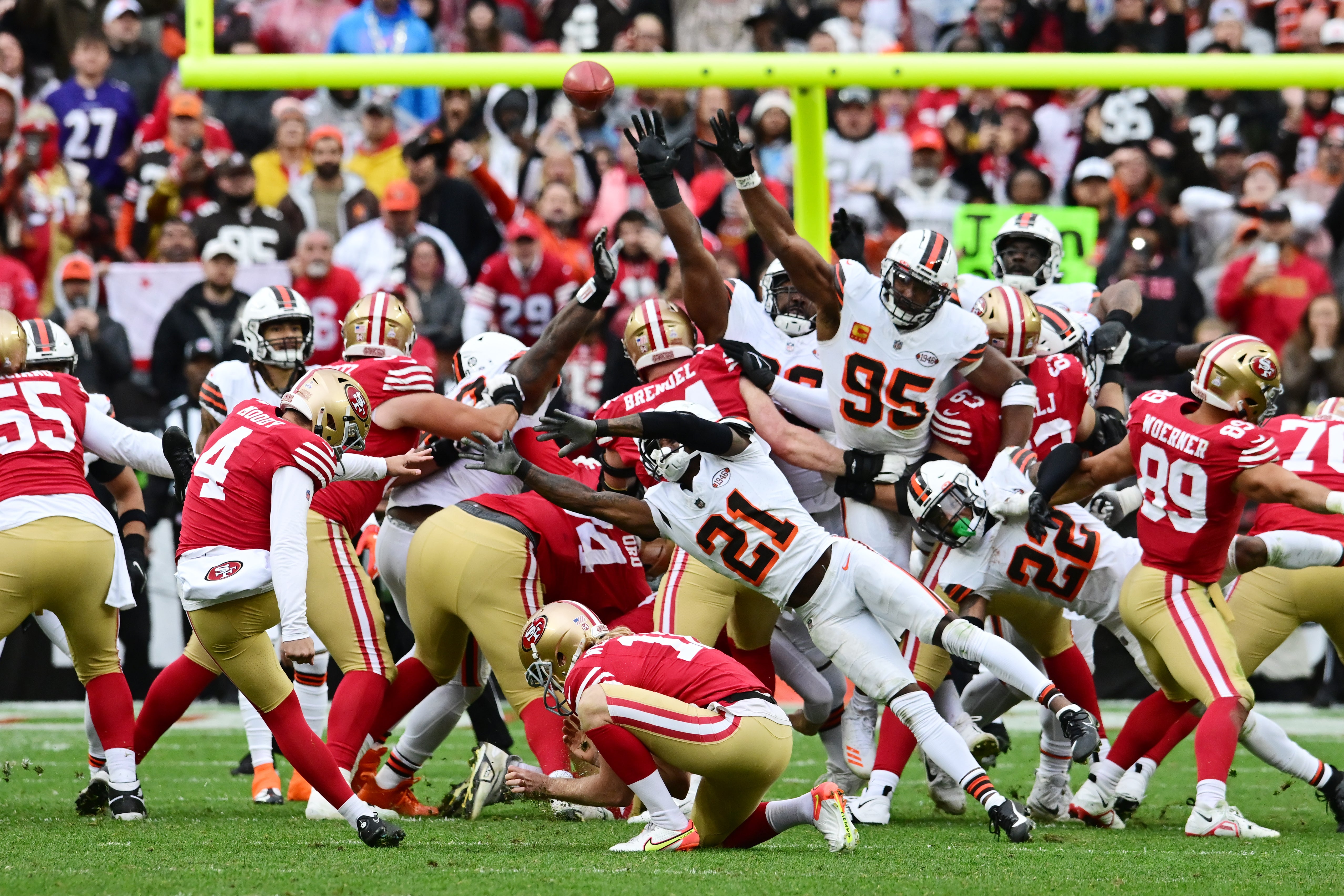 Oct 15, 2023; Cleveland, Ohio, USA; San Francisco 49ers place kicker Jake Moody (4) attempts a game winning field goal during the fourth quarter against the Cleveland Browns at Cleveland Browns Stadium. The kick was no good.