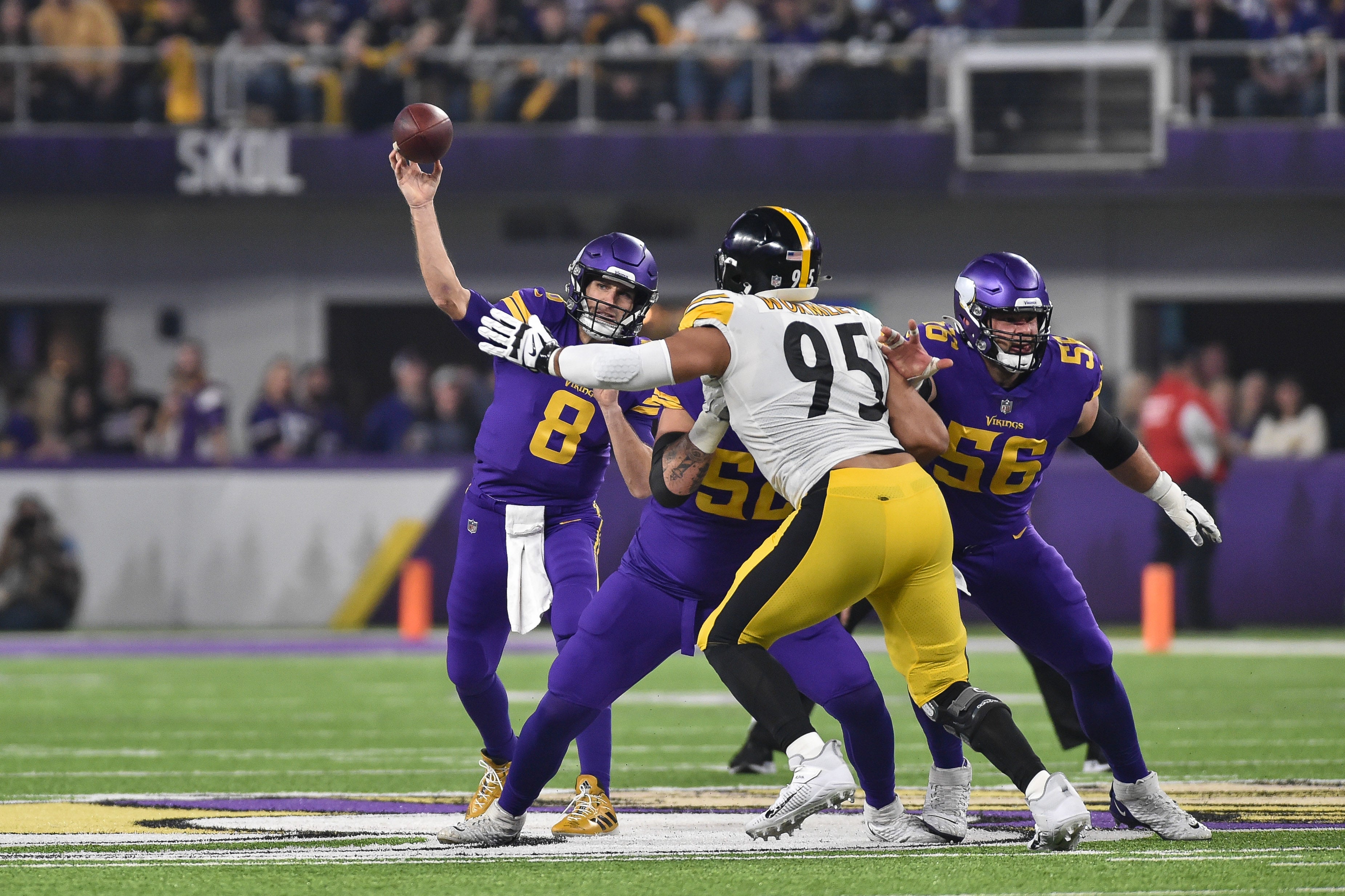 Dec 9, 2021; Minneapolis, Minnesota, USA; Minnesota Vikings quarterback Kirk Cousins (8) and center Garrett Bradbury (56) and Pittsburgh Steelers defensive end Chris Wormley (95) in action at U.S. Bank Stadium. Mandatory Credit: Jeffrey Becker-USA TODAY Sports  