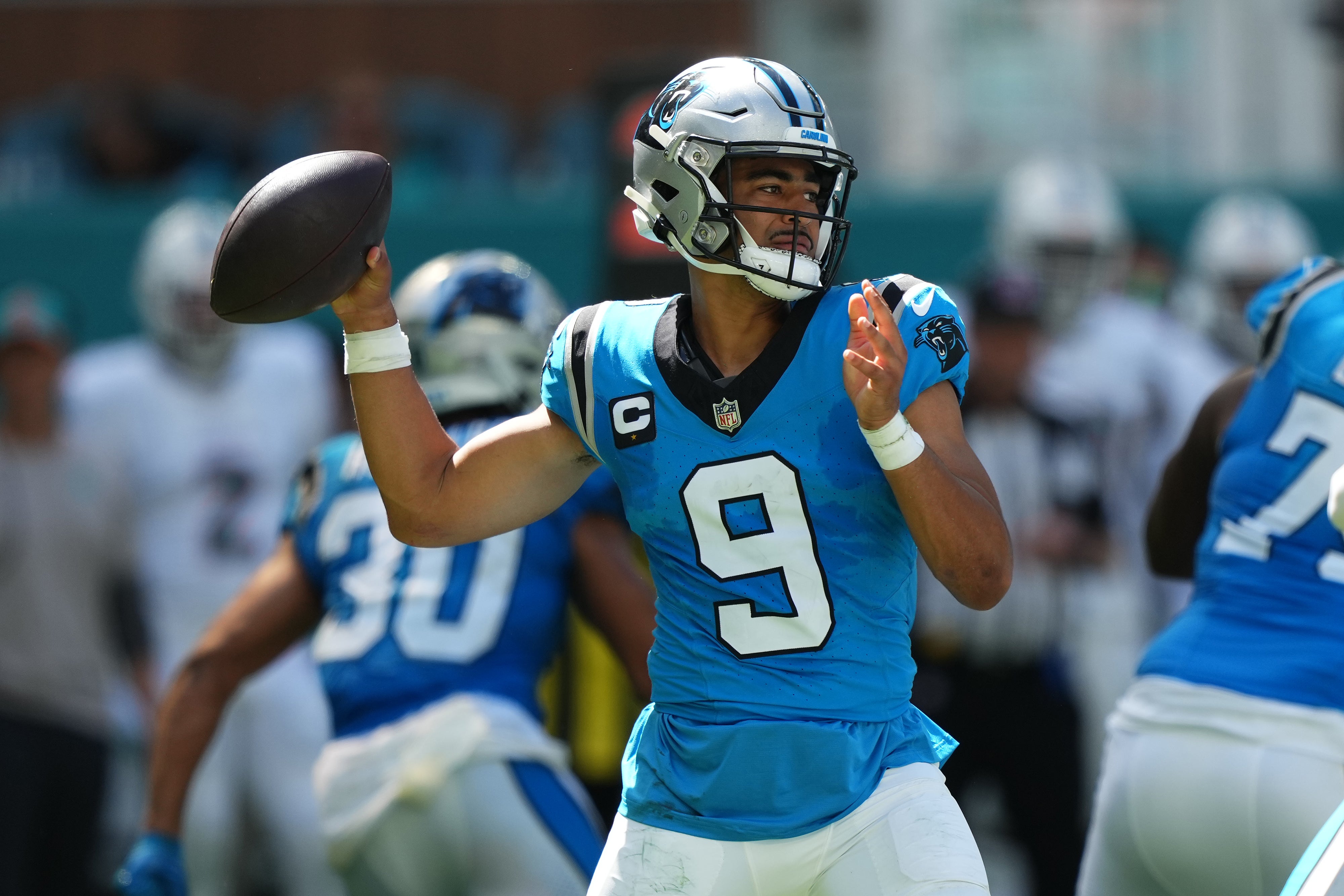 Oct 15, 2023; Miami Gardens, Florida, USA; Carolina Panthers quarterback Bryce Young (9) attempts a pass against the Miami Dophins during the first half at Hard Rock Stadium. Mandatory Credit: Jasen Vinlove-USA TODAY Sports