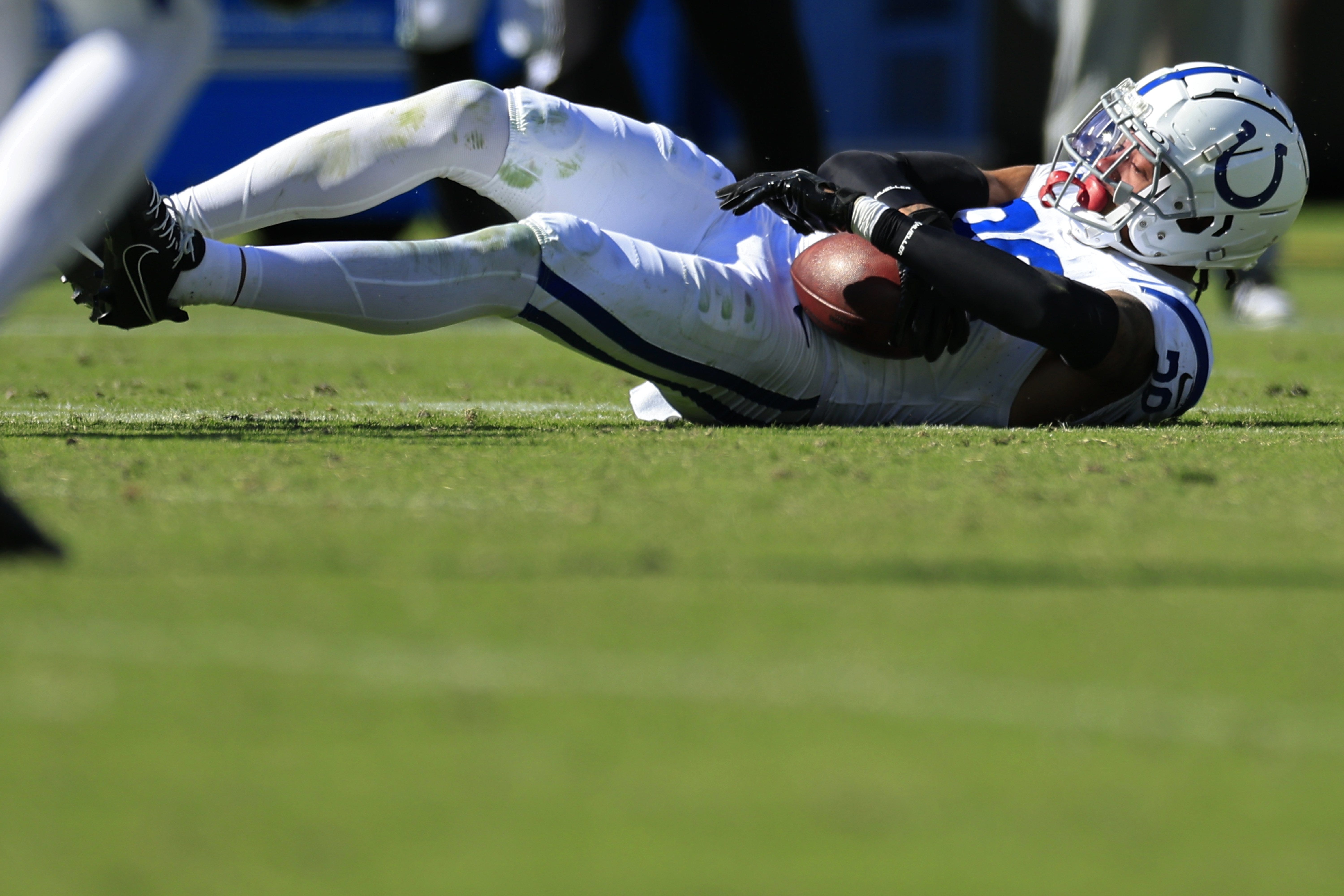 Indianapolis Colts cornerback JuJu Brents (29) hauls in an interception during the fourth quarter thrown by Jacksonville Jaguars quarterback Trevor Lawrence (16), not shown, of an NFL football matchup Sunday, Oct. 15, 2023 at EverBank Stadium in Jacksonville, Fla. The Jacksonville Jaguars defeated the Indianapolis Colts 37-20.