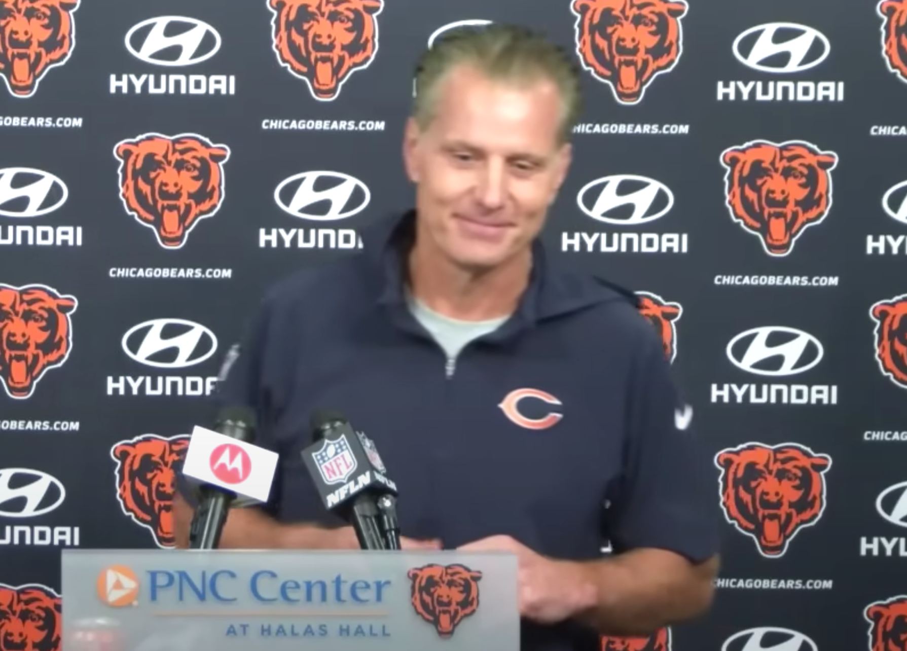 Chicago Bears head coach Matt Eberflus meet with the media following practice on October 13, 2023.