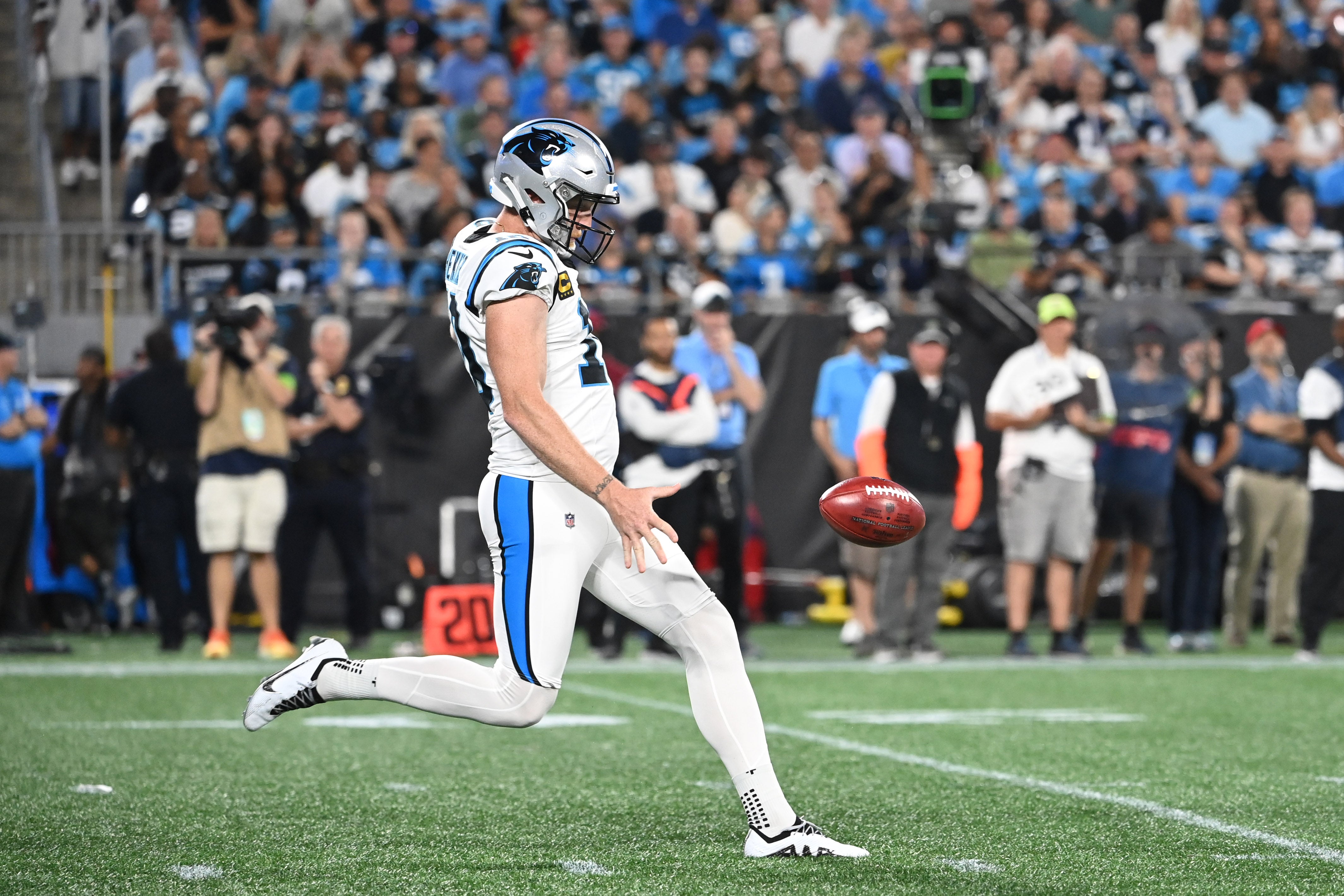 Sep 18, 2023; Charlotte, North Carolina, USA; Carolina Panthers punter Johnny Hekker (10) punts in the second quarter at Bank of America Stadium. Mandatory Credit: Bob Donnan-USA TODAY Sports