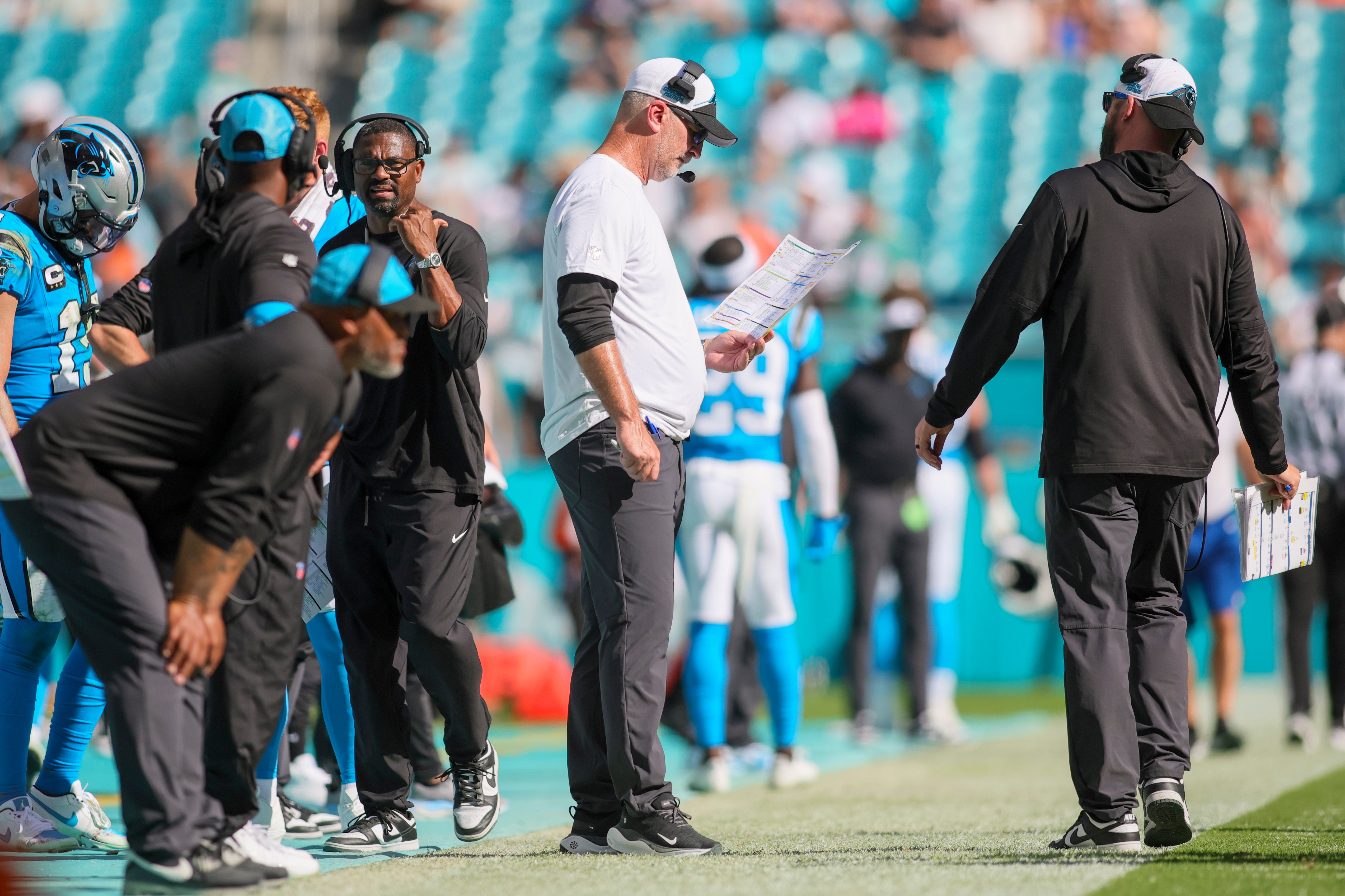 Oct 15, 2023; Miami Gardens, Florida, USA; Carolina Panthers head coach Frank Reich looks on from the sideline against the Miami Dolphins during the fourth quarter at Hard Rock Stadium. Mandatory Credit: Sam Navarro-USA TODAY Sports