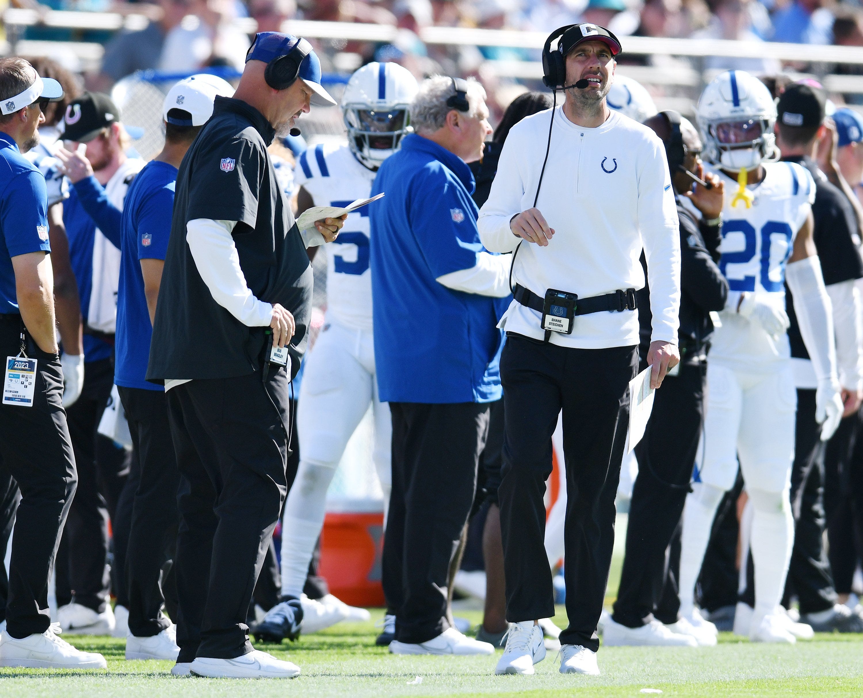 Colts Defensive Coordinator Gus Bradley and head coach Shane Steichen on the sideline during fourth-quarter action. The Jacksonville Jaguars hosted the Indianapolis Colts at EverBank Stadium in Jacksonville, FL Sunday, October 15, 2023. The Jaguars ended the first half with a 21 to 6 lead and won with a final score of 37 to 20.