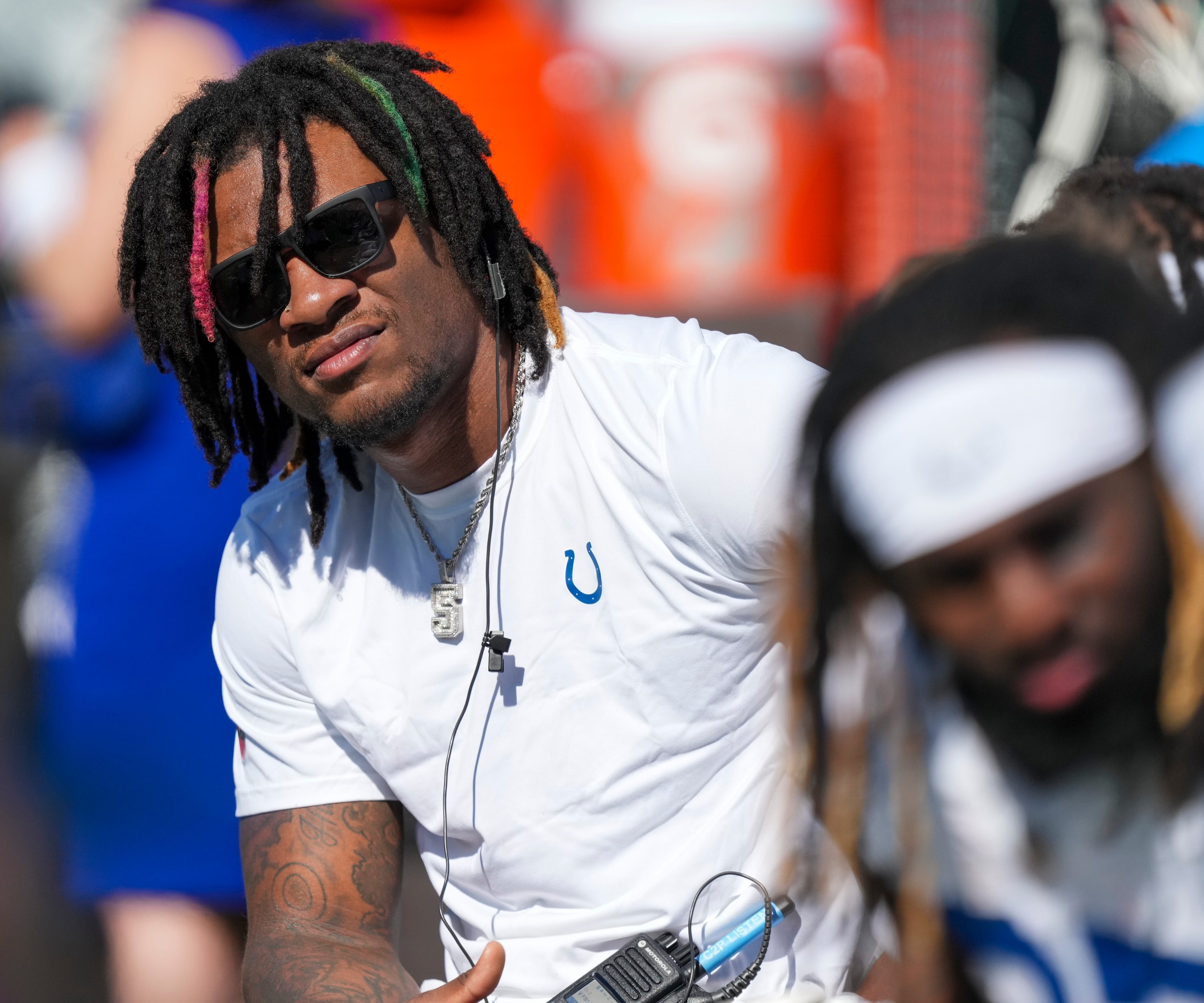Indianapolis Colts quarterback Anthony Richardson (5) on the bench during game action at EverBank Stadium on Sunday, Oct 15, 2023, in Jacksonville.
