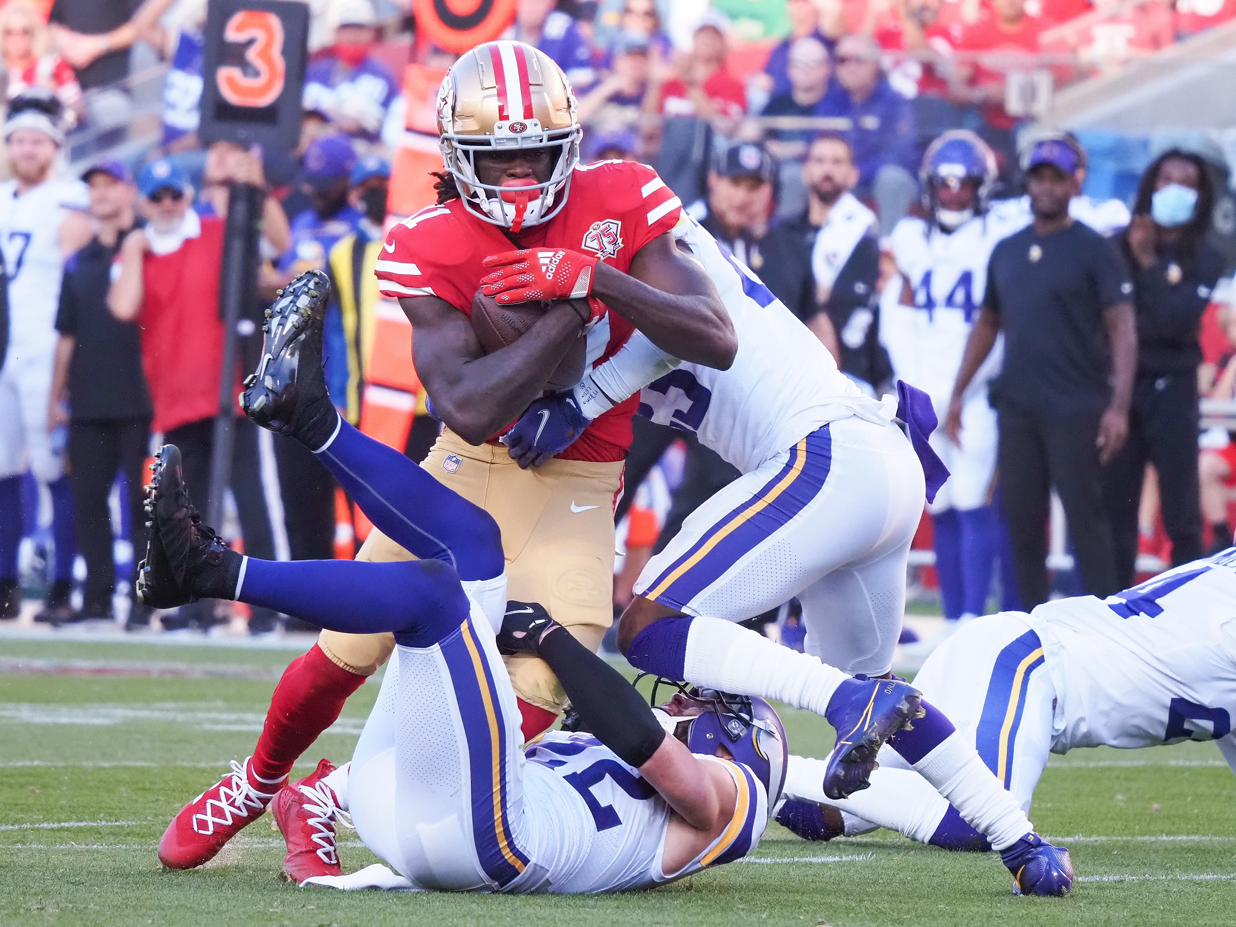 Nov 28, 2021; Santa Clara, California, USA; San Francisco 49ers wide receiver Brandon Aiyuk (11) carries the ball against the Minnesota Vikings during the second quarter at Levi's Stadium.