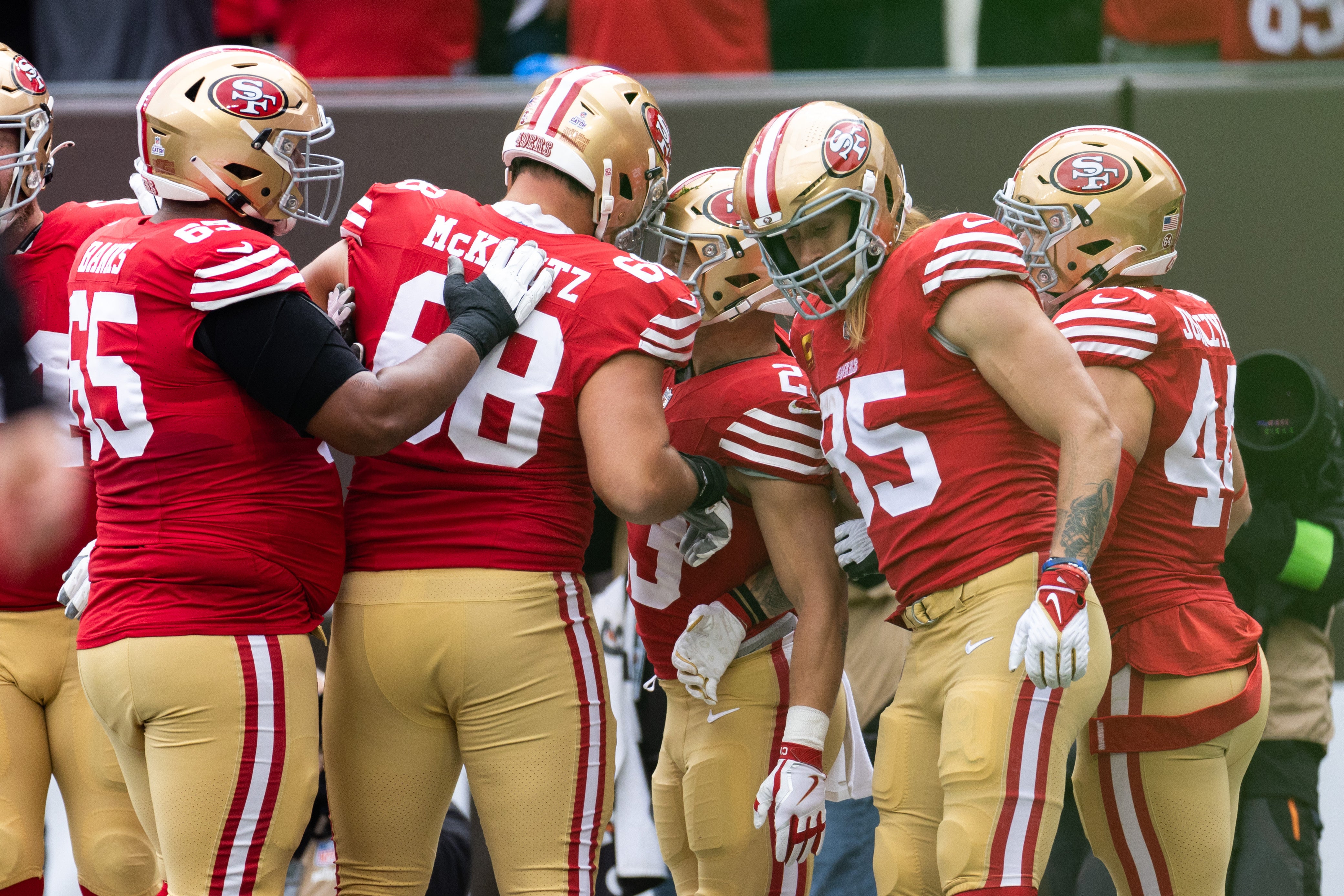 Oct 15, 2023; Cleveland, Ohio, USA; The San Francisco 49ers offense celebrate their touchdown against the Cleveland Browns during the first quarter at Cleveland Browns Stadium.