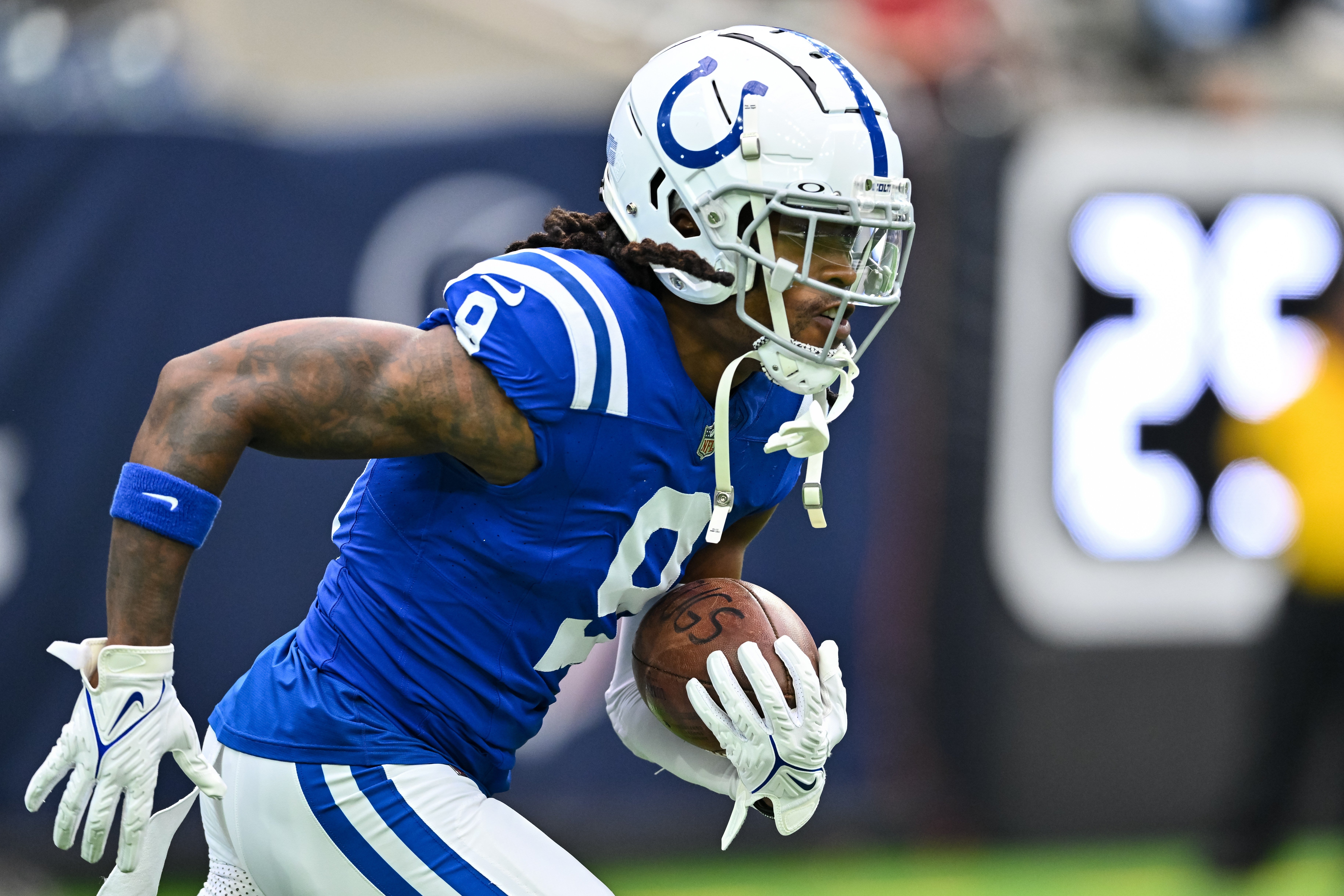 Sep 17, 2023; Houston, Texas, USA; Indianapolis Colts wide receiver Juwann Winfree (9) warming up prior to the game against the Houston Texans at NRG Stadium.