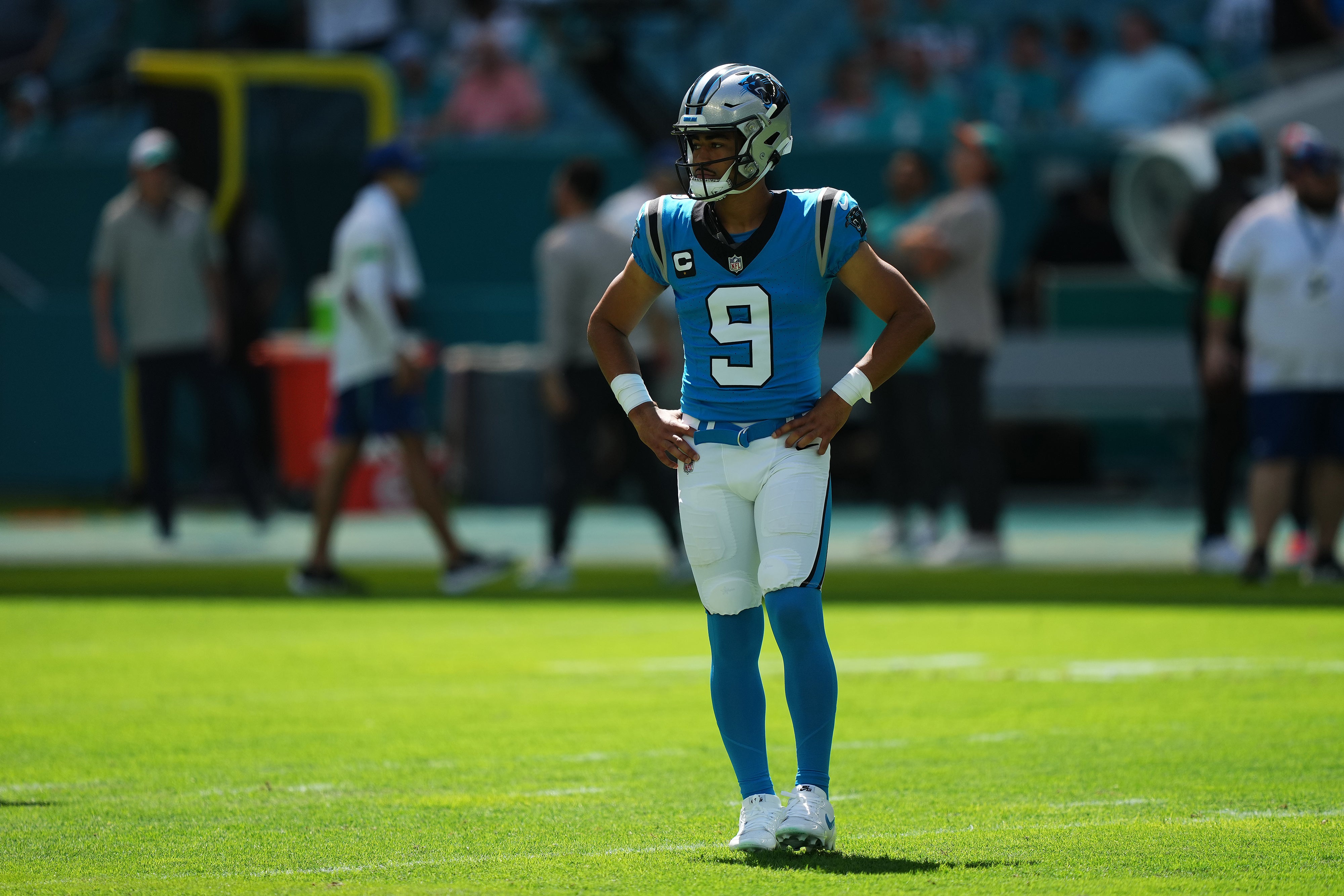 Oct 15, 2023; Miami Gardens, Florida, USA; Carolina Panthers quarterback Bryce Young (9) warms up prior to the game against the Miami Dophins at Hard Rock Stadium. Mandatory Credit: Jasen Vinlove-USA TODAY Sports